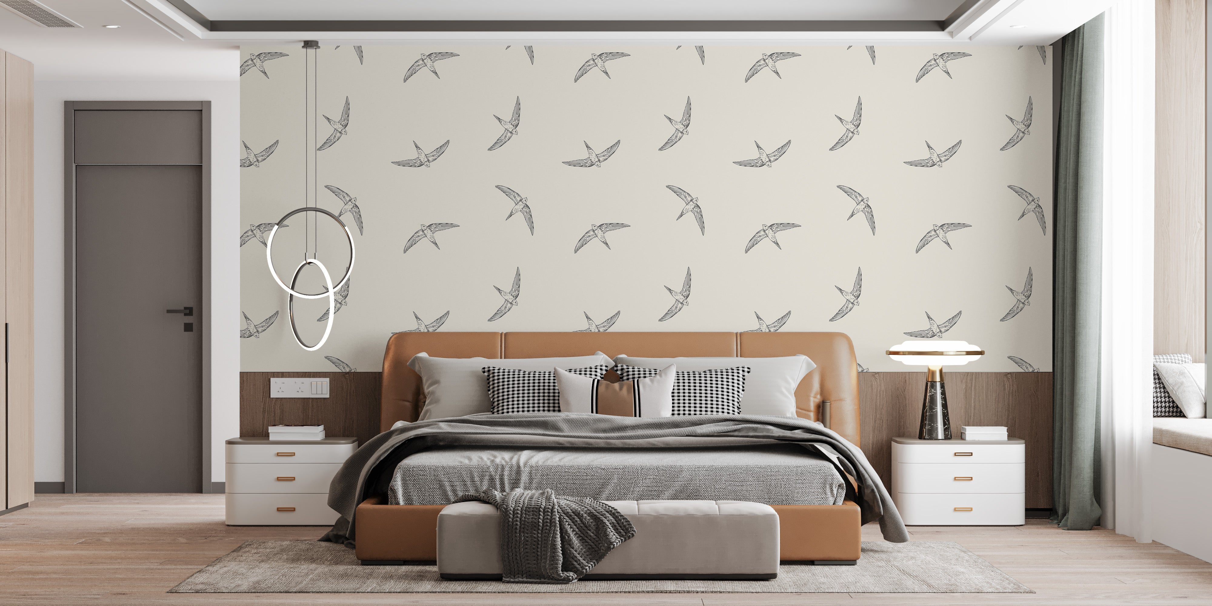 Beige wallpaper with graceful bird design
