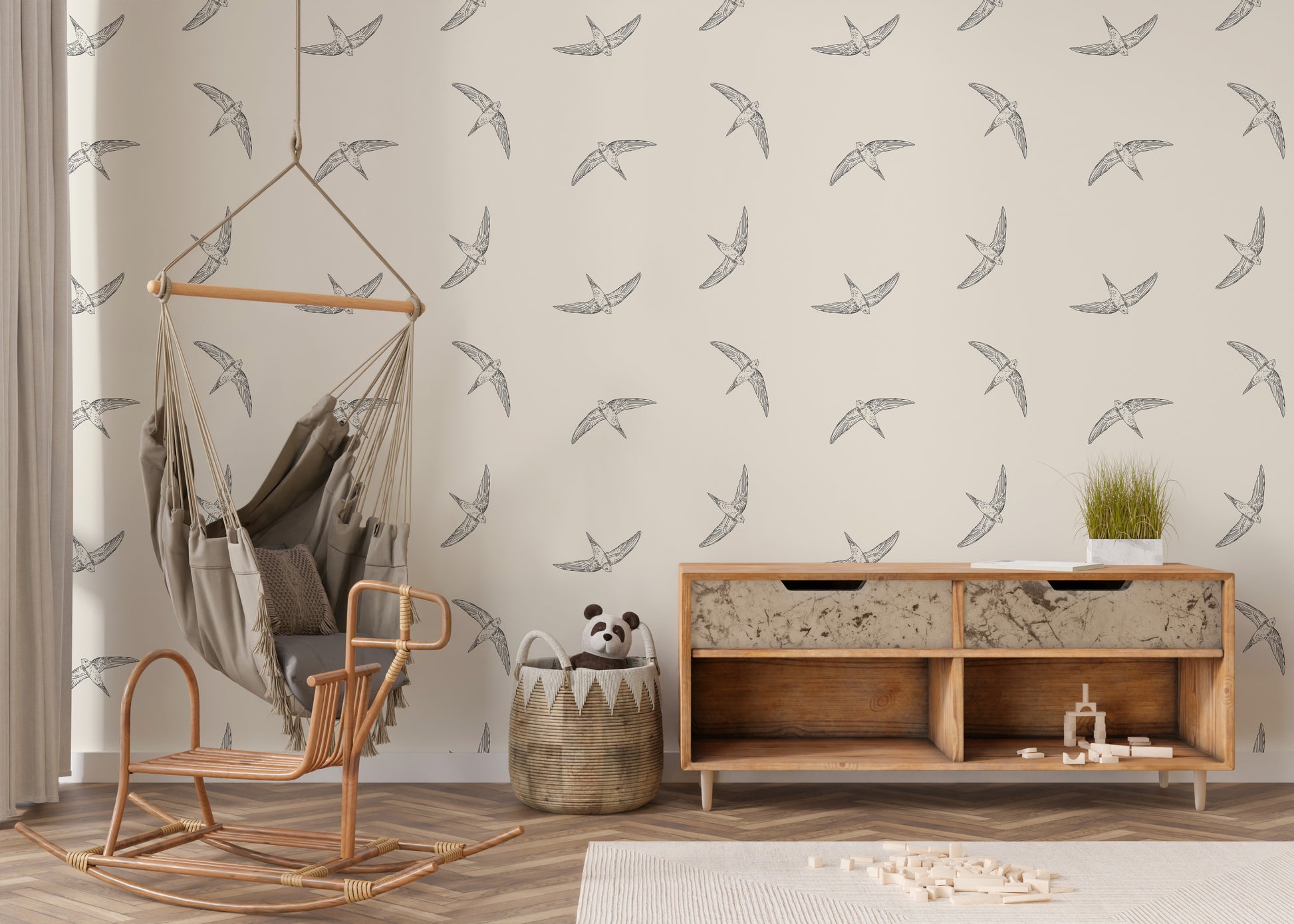 Sophisticated avian wallpaper in soft beige
