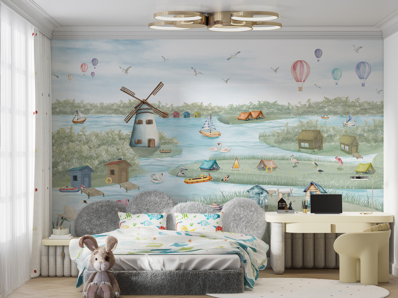 Colorful Boathouse Lakeside Wall Mural with serene views