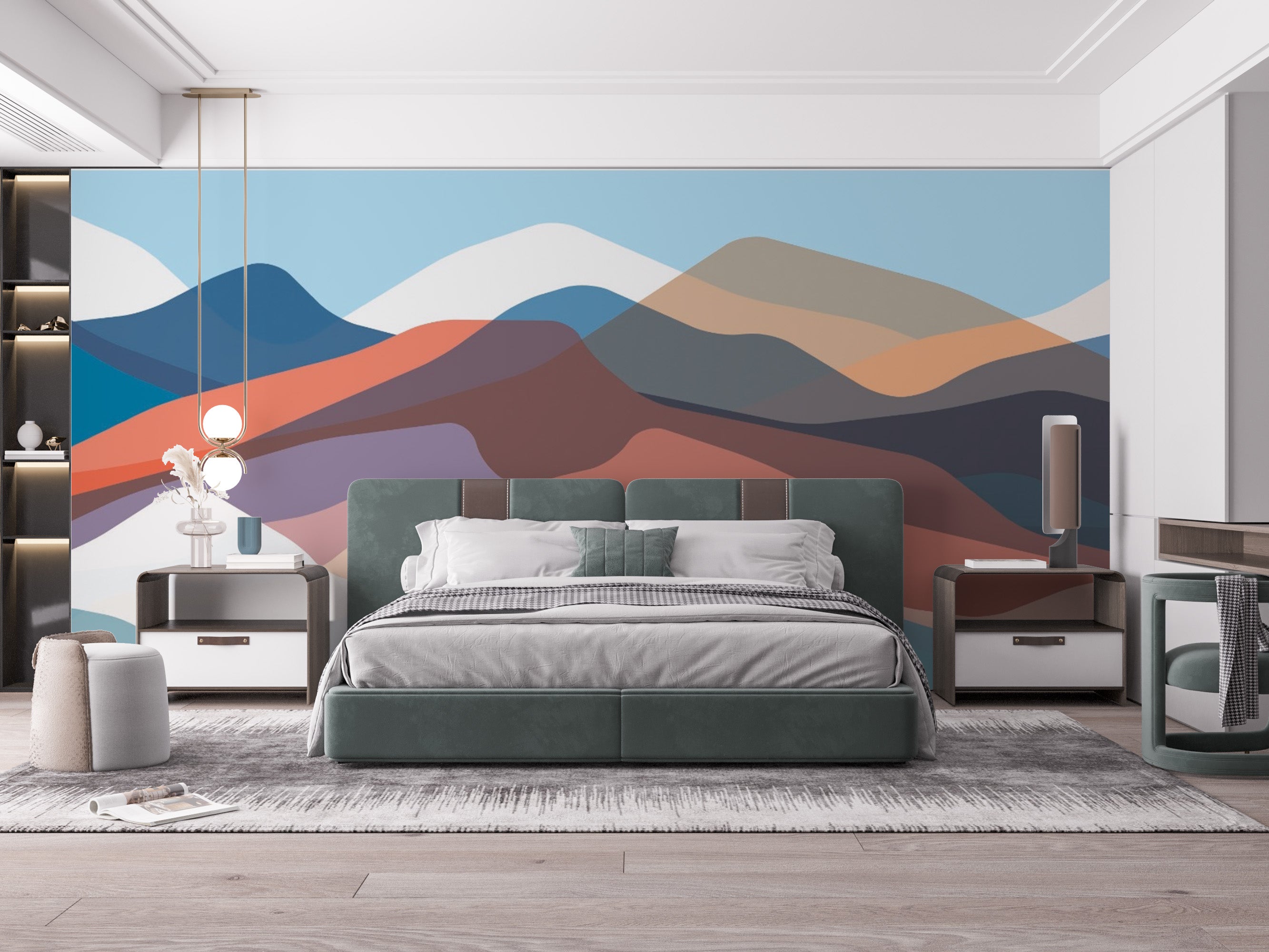 Abstract mountain landscape mural with overlapping multicolored layers