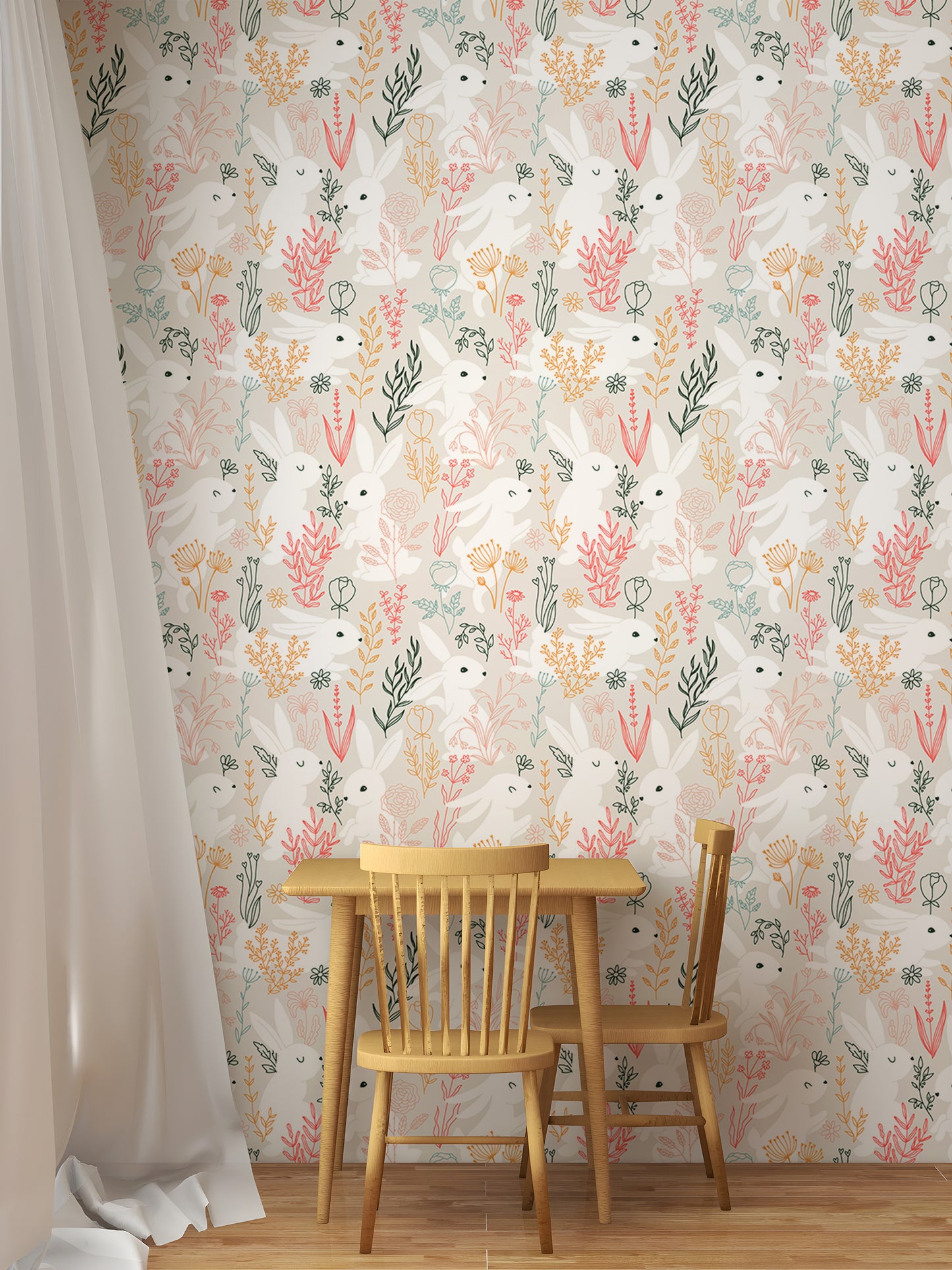 Rabbits Grass and Colorful Leaves Removable Wallpaper