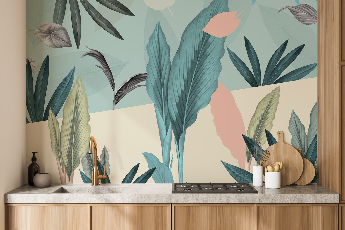 Refreshing green tropical leaves mural for calming vibes
