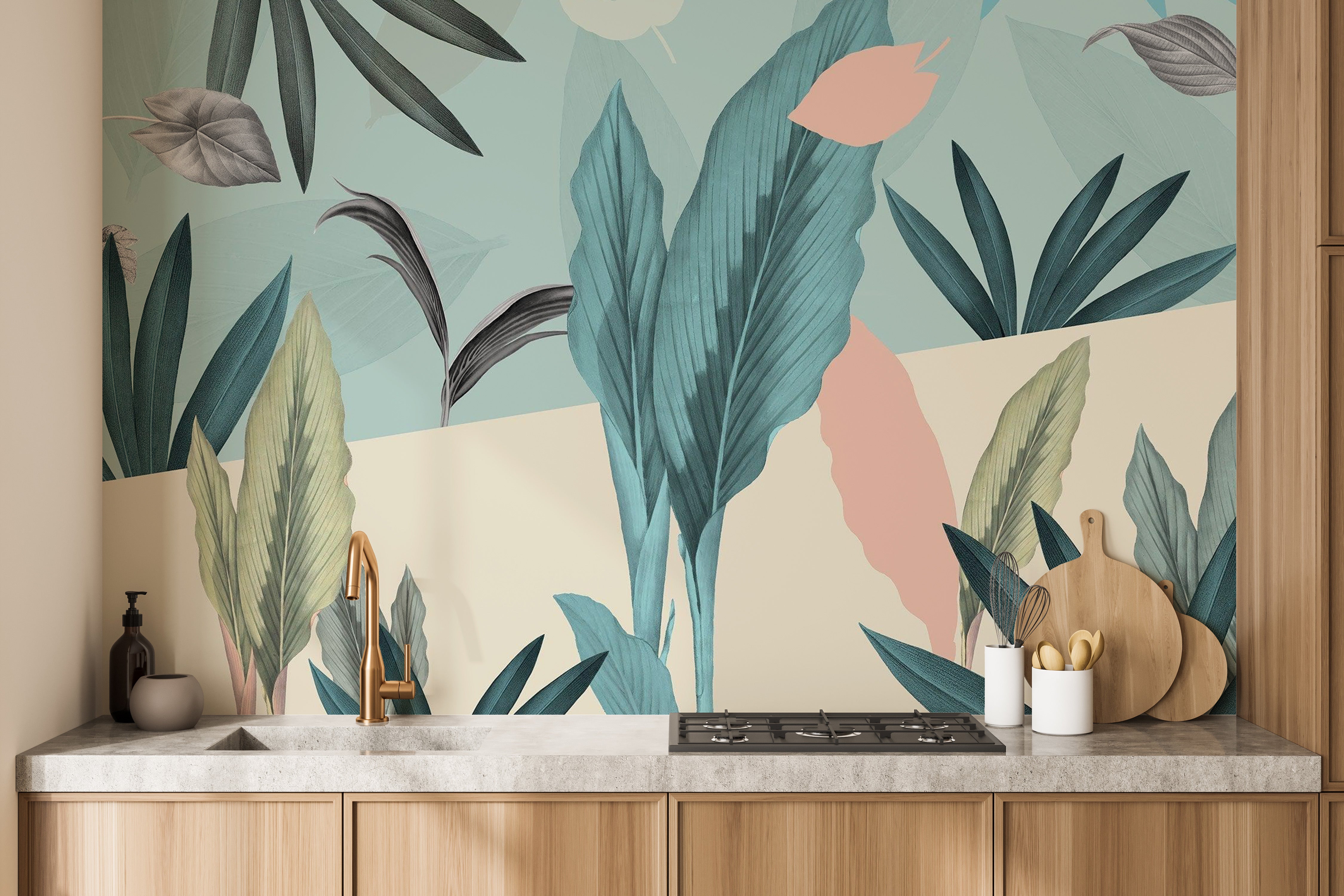 Refreshing green tropical leaves mural for calming vibes
