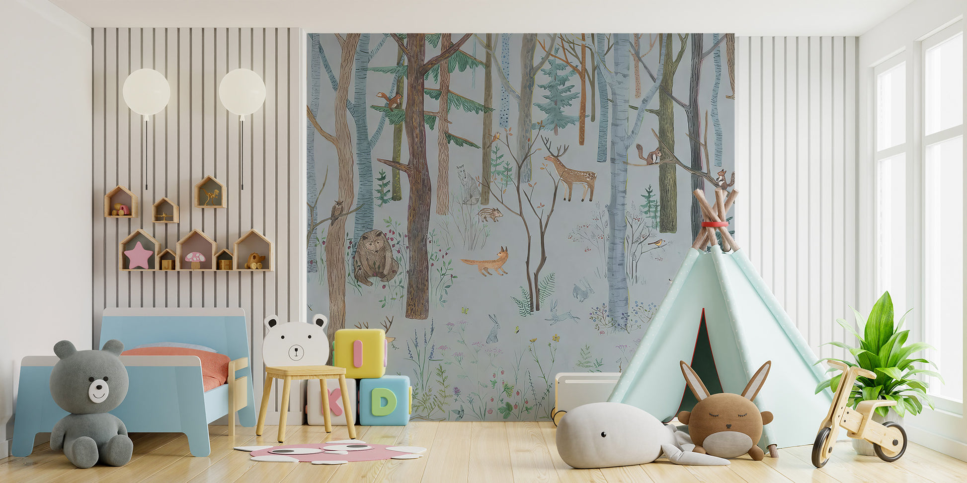 Woodland wildlife wallpaper mural for nature-inspired decor