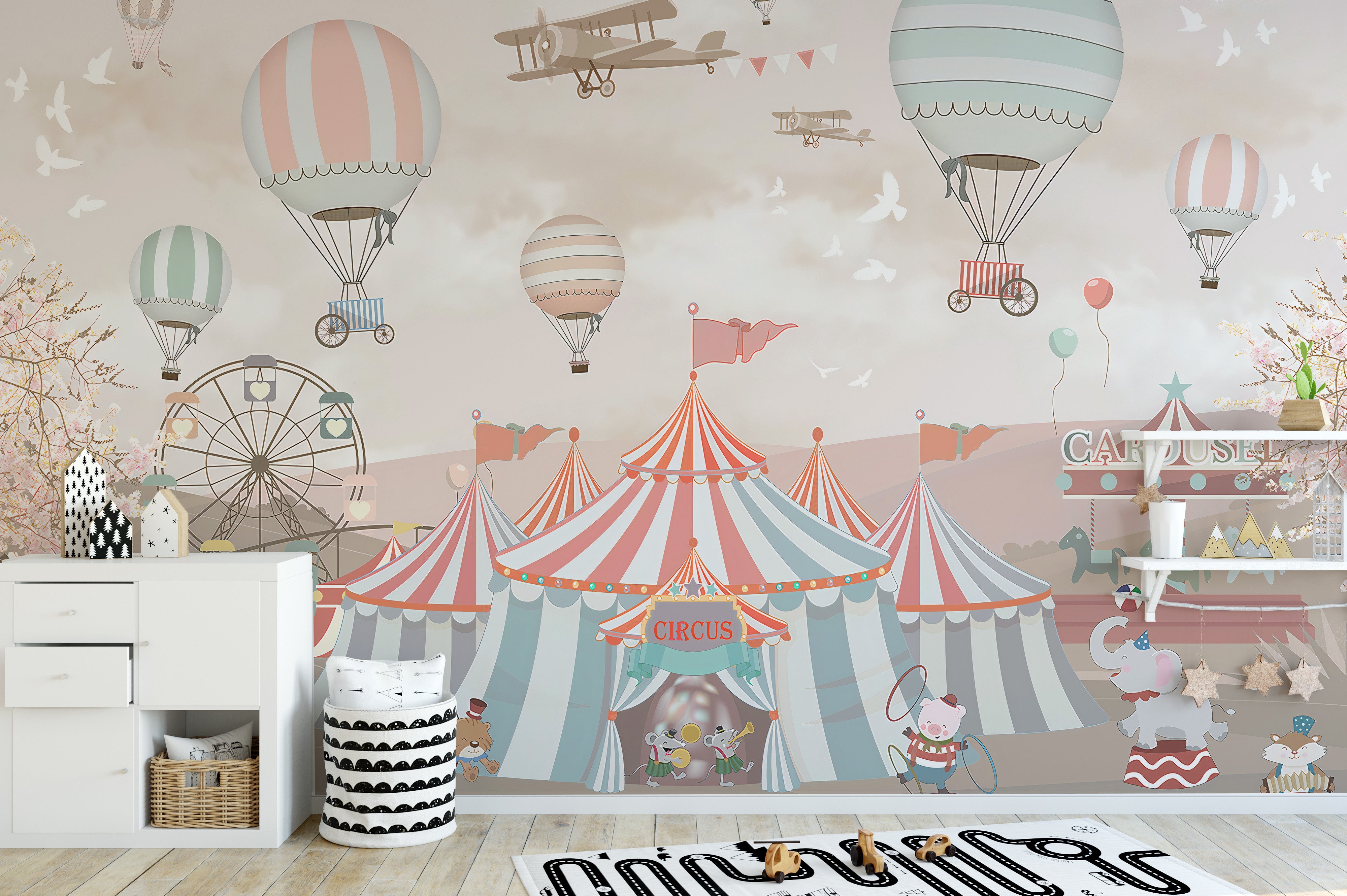 Delightful pink circus mural for playful spaces