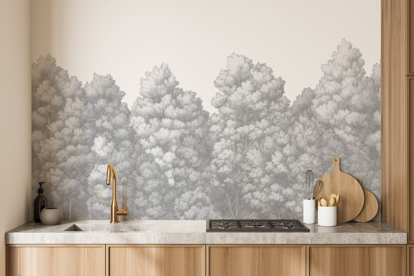 Sophisticated grey trees mural for nature-inspired walls
