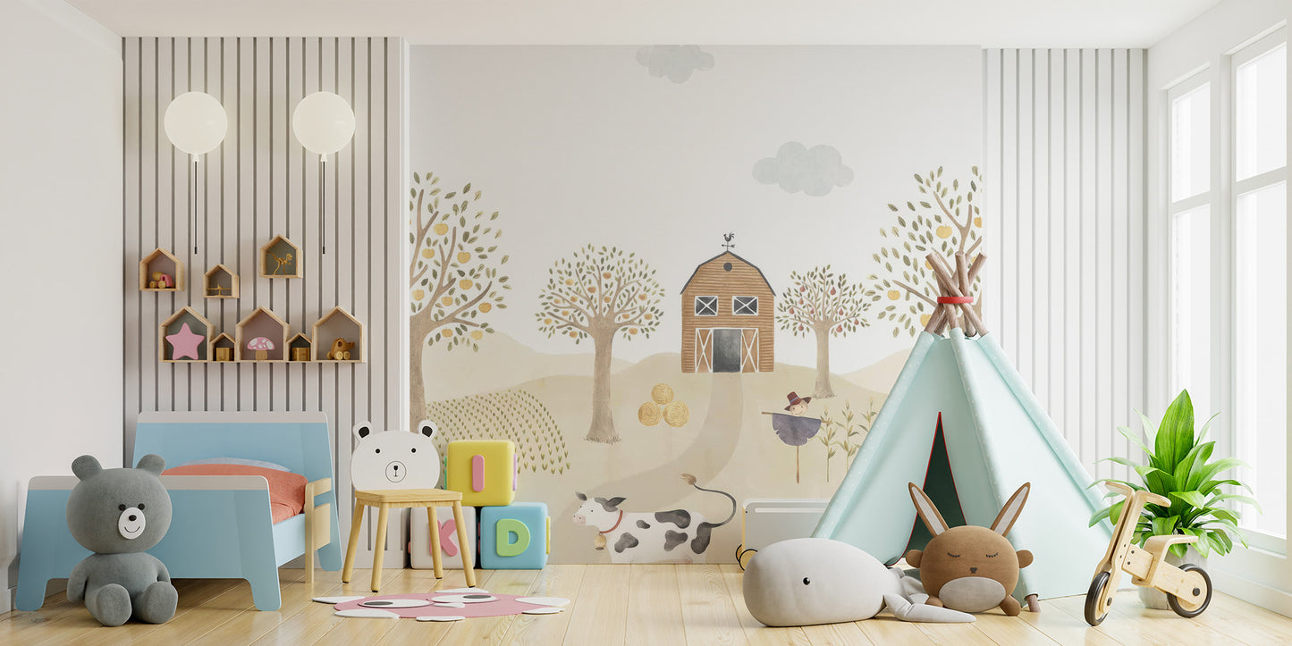 Room wallpaper featuring rustic farmhouse design for kids