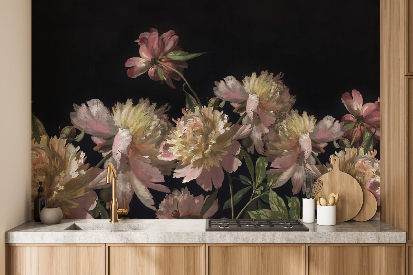 Beautiful peony blossom mural in gentle watercolor hues
