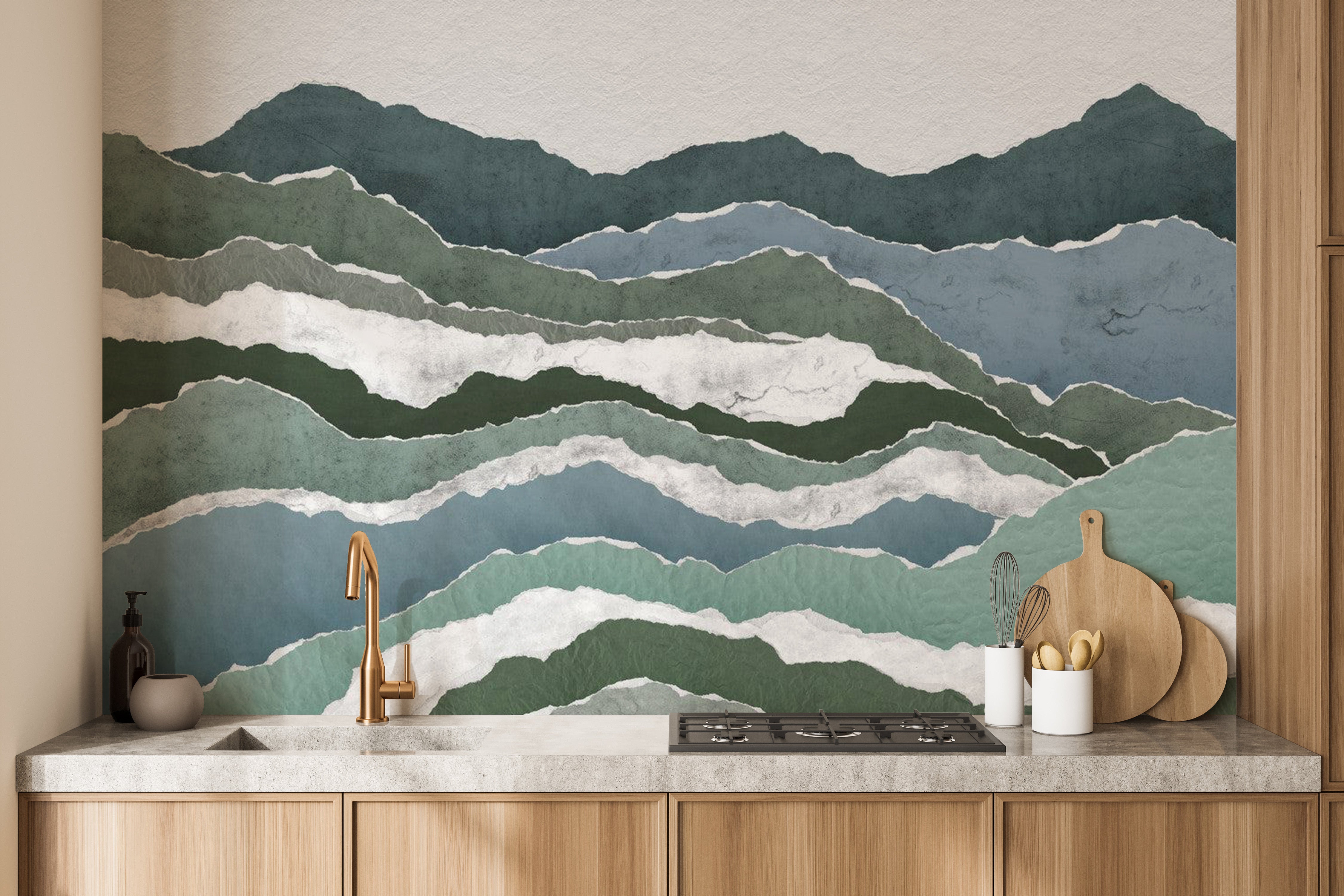 Elegant royal peaks watercolor mural for serene decor