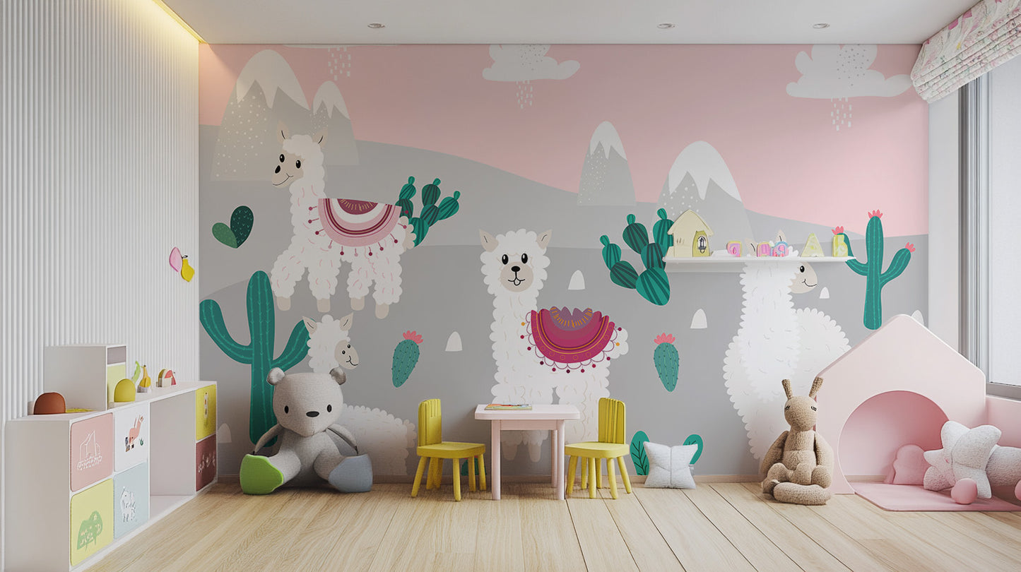 Playful mountain llamas wallpaper mural for imaginative interiors