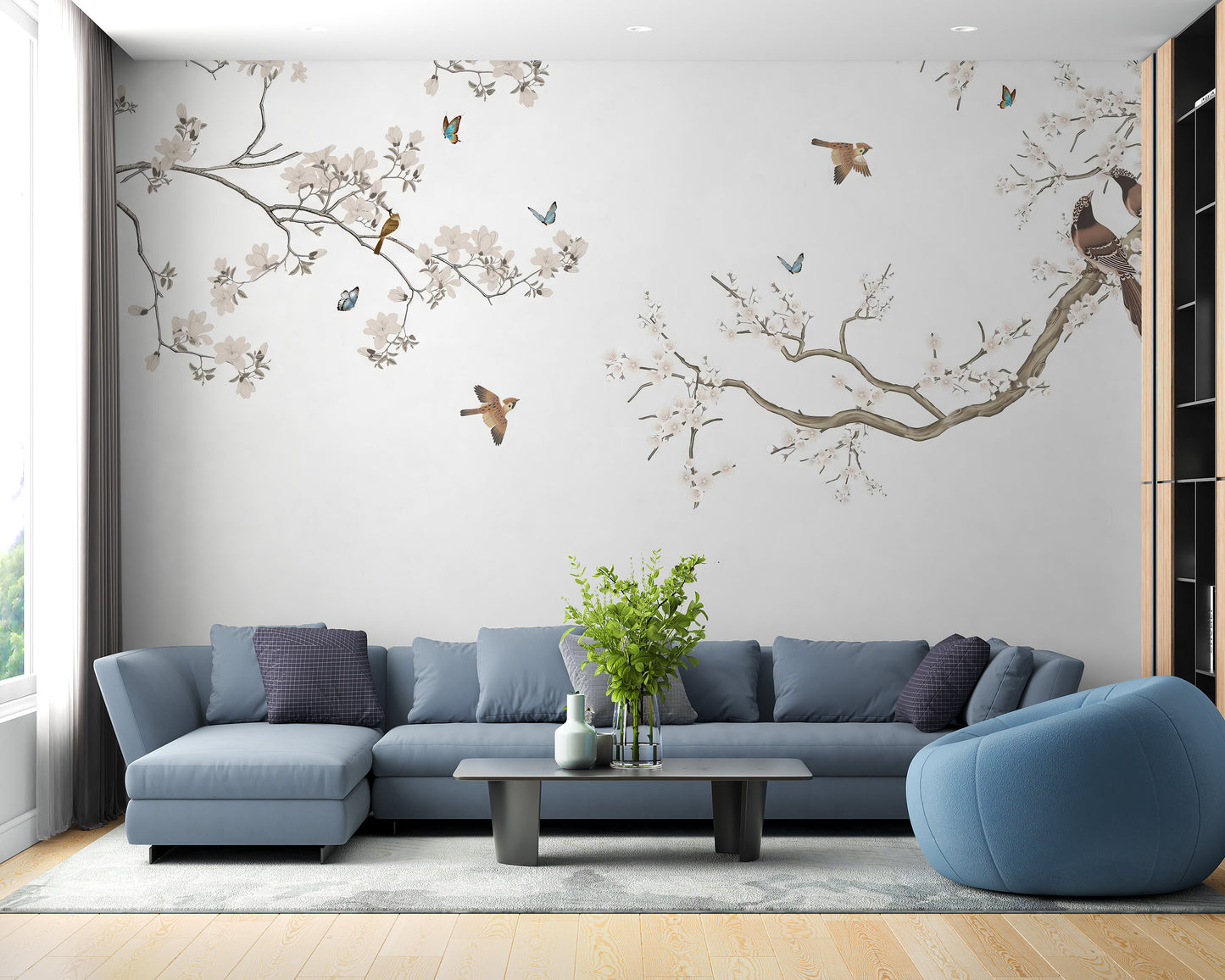 Peach blossom birds wallpaper mural for serene decor