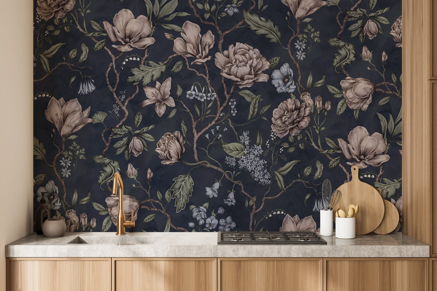 Serene dark blue chinoiserie mural for calming interiors
