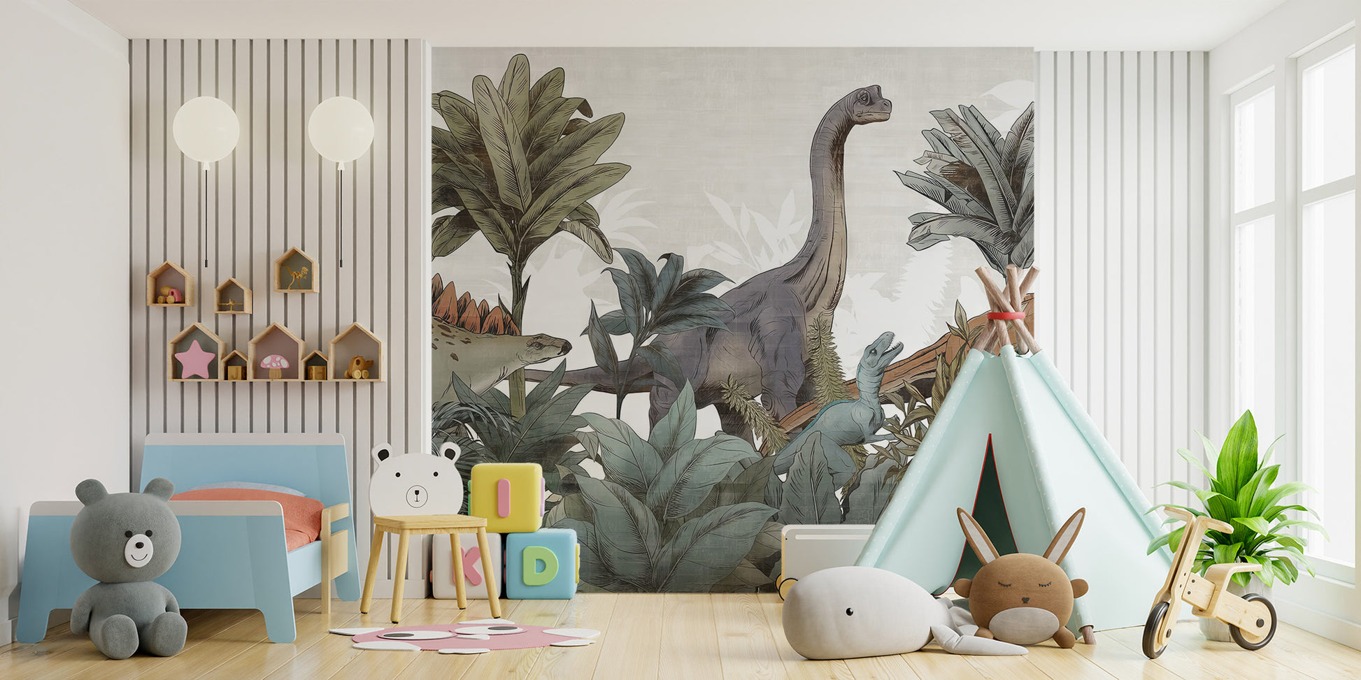 Jurassic forest adventure wall mural for kids' decor