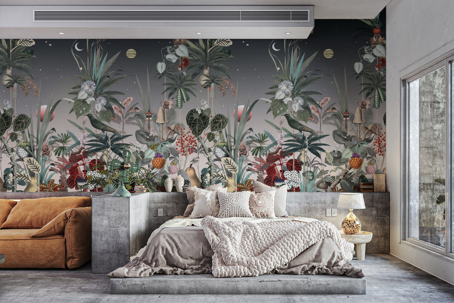 Fruits and plants-themed wallpaper mural with midnight-inspired details, colorful leaves, and glowing celestial accents.