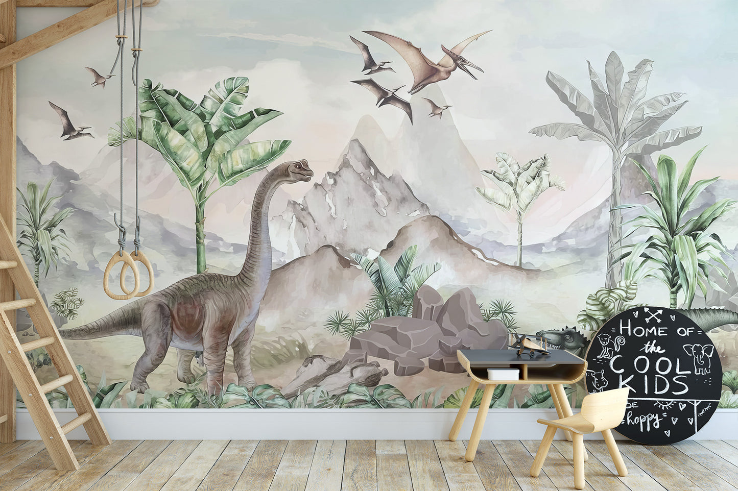 Jurassic Era wall mural with realistic dinosaur scene