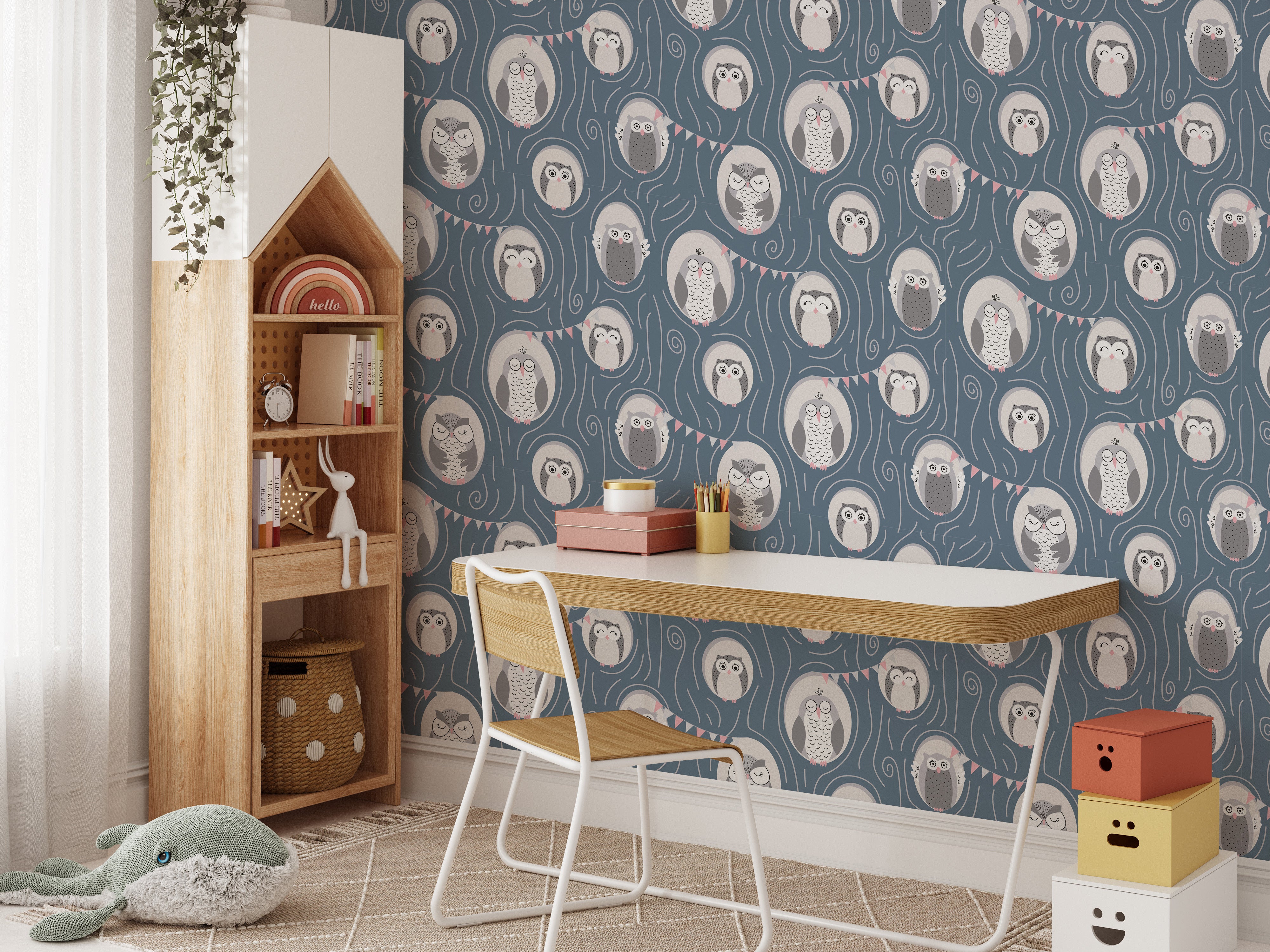 Playful owl tree design wallpaper mural
