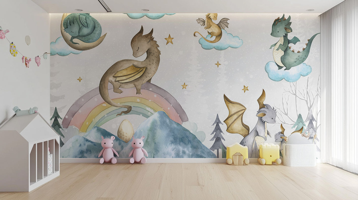 Whimsical dragon soiree mural for fantasy-themed rooms