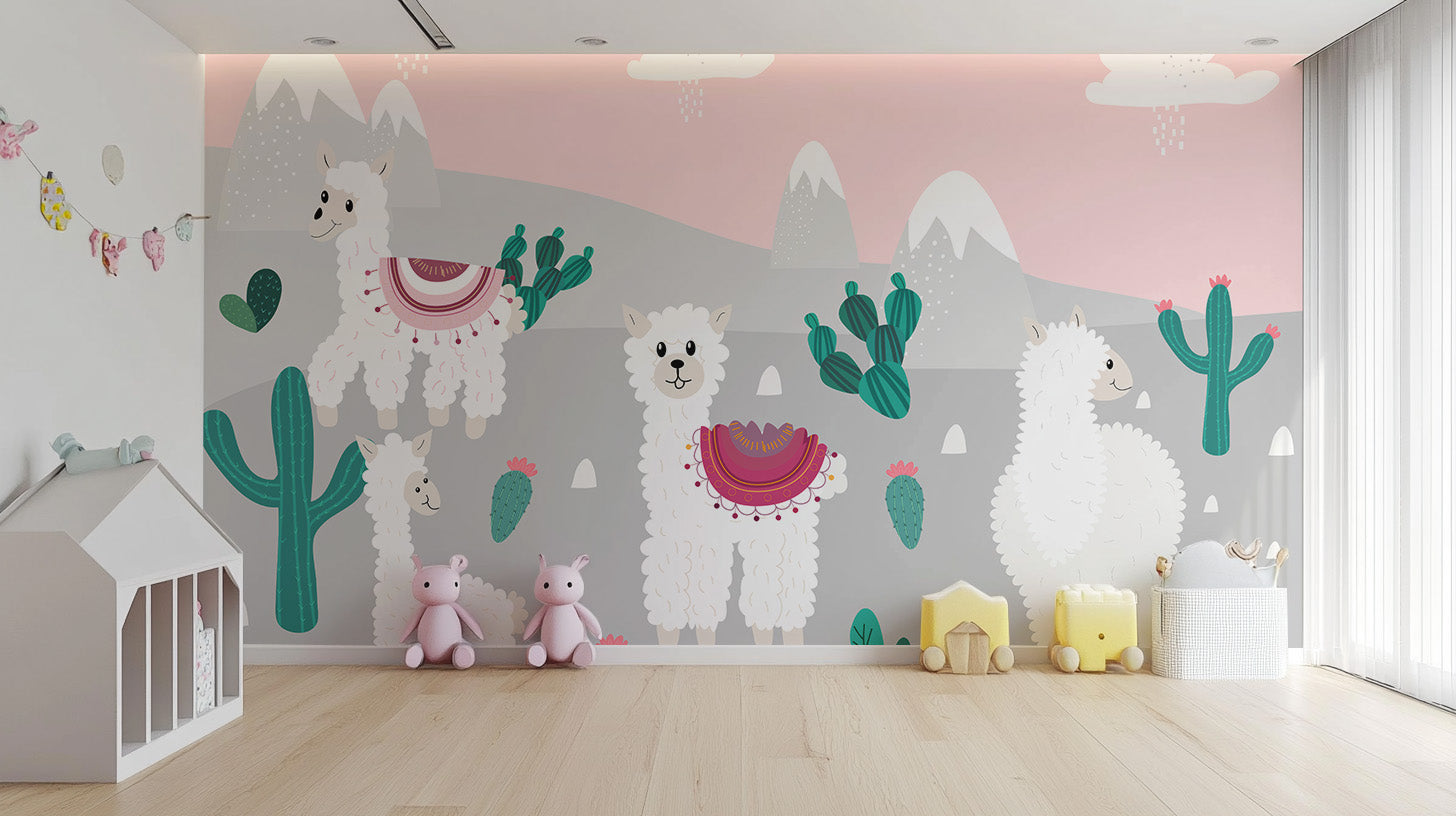 Scenic mountain llamas mural with cactus and cloud accents