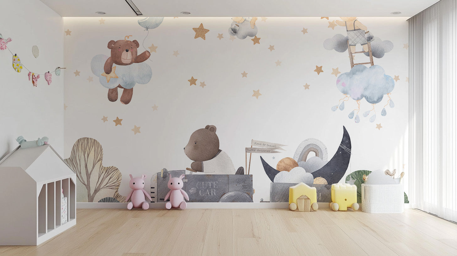 Whimsical cloud bears mural wallpaper for nursery decor