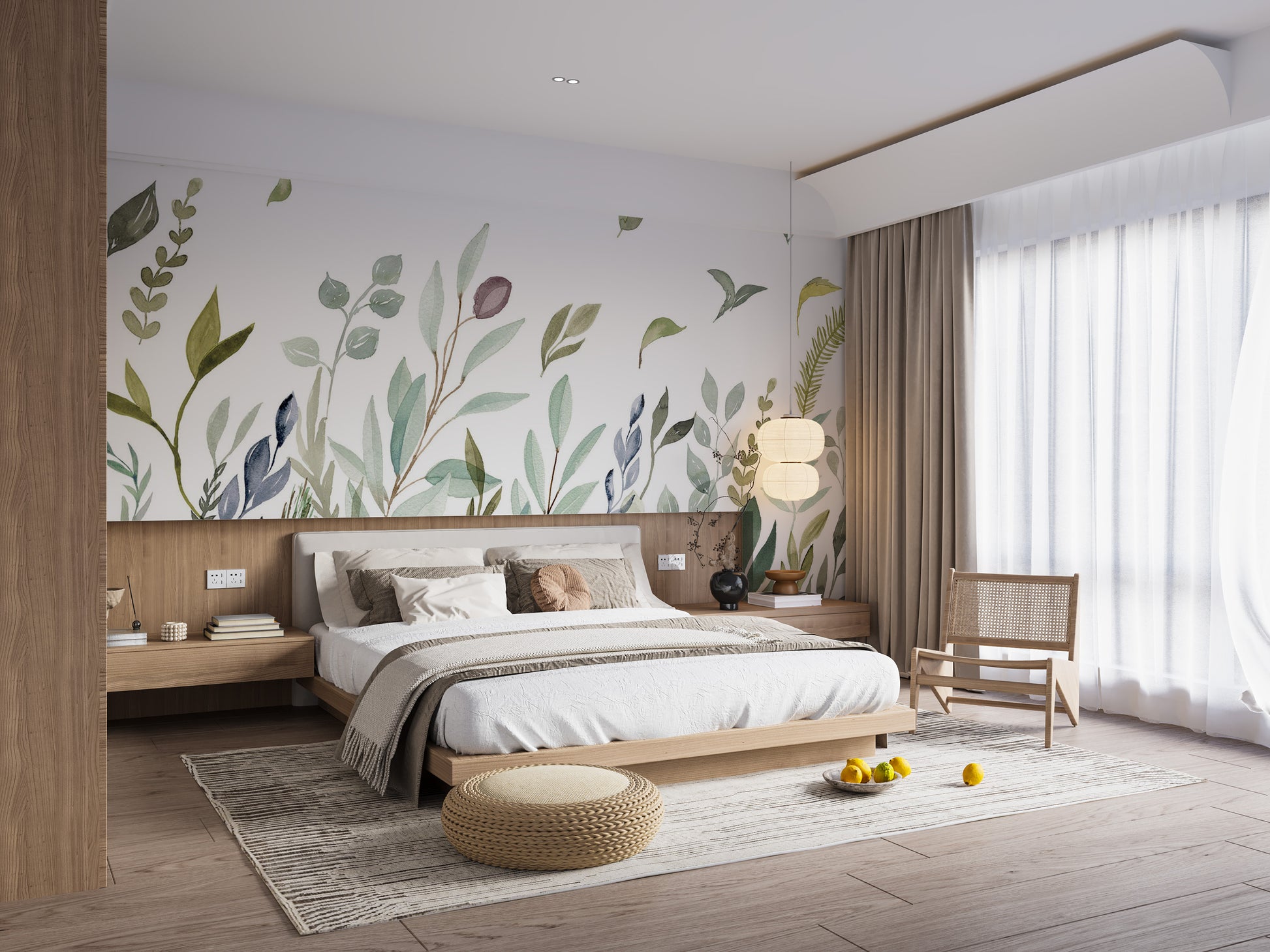 Watercolor-inspired leaves mural for tranquil spaces
