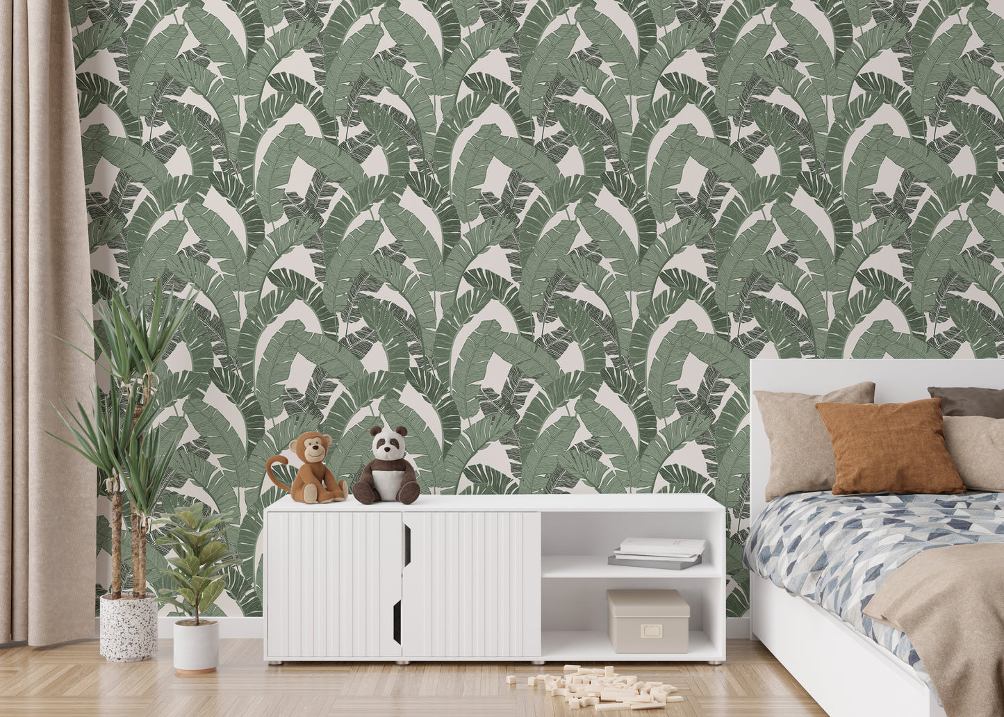 Banana Leaf Green Color Repeat Pattern Wallpaper