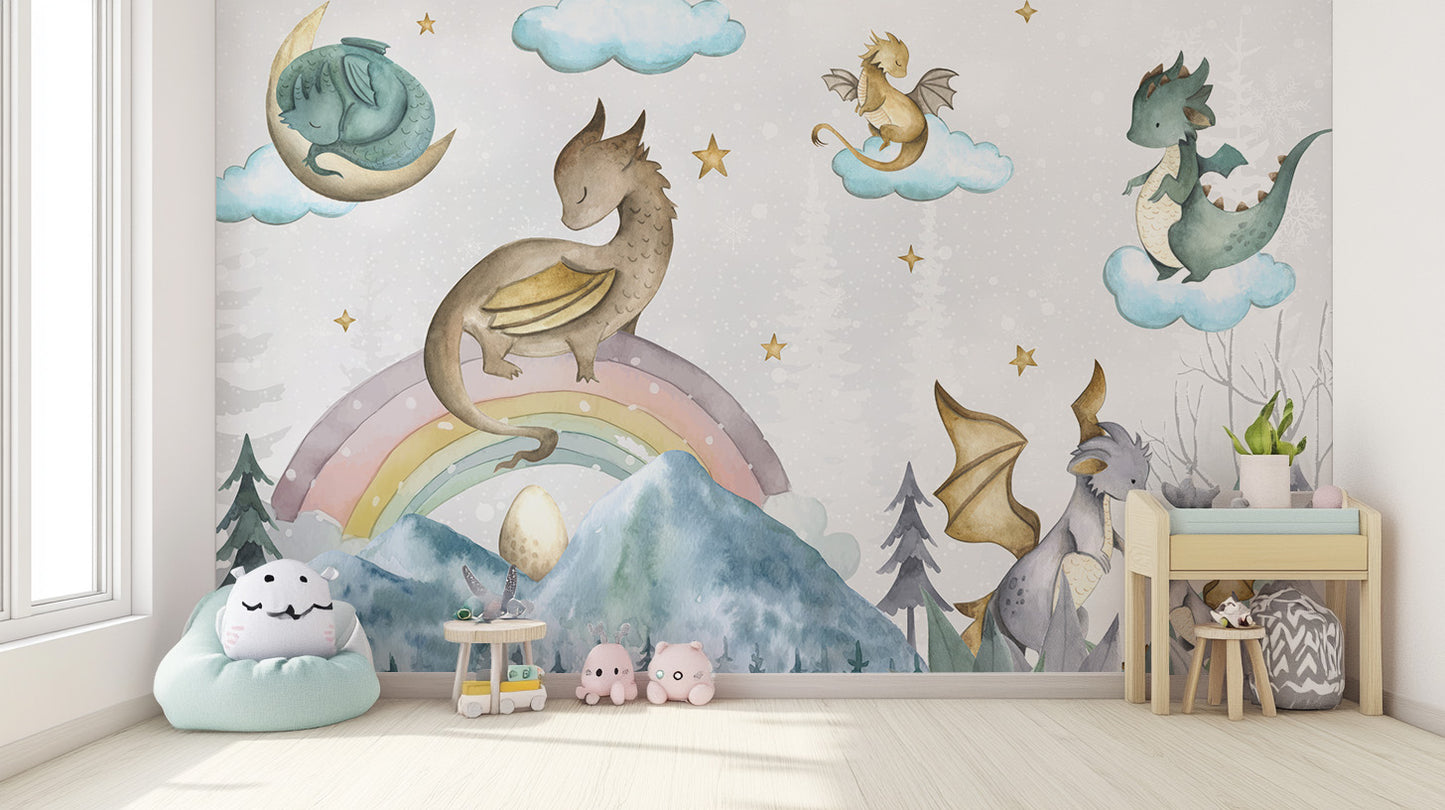 Decorative mural showcasing a dragon soiree in a fairytale setting