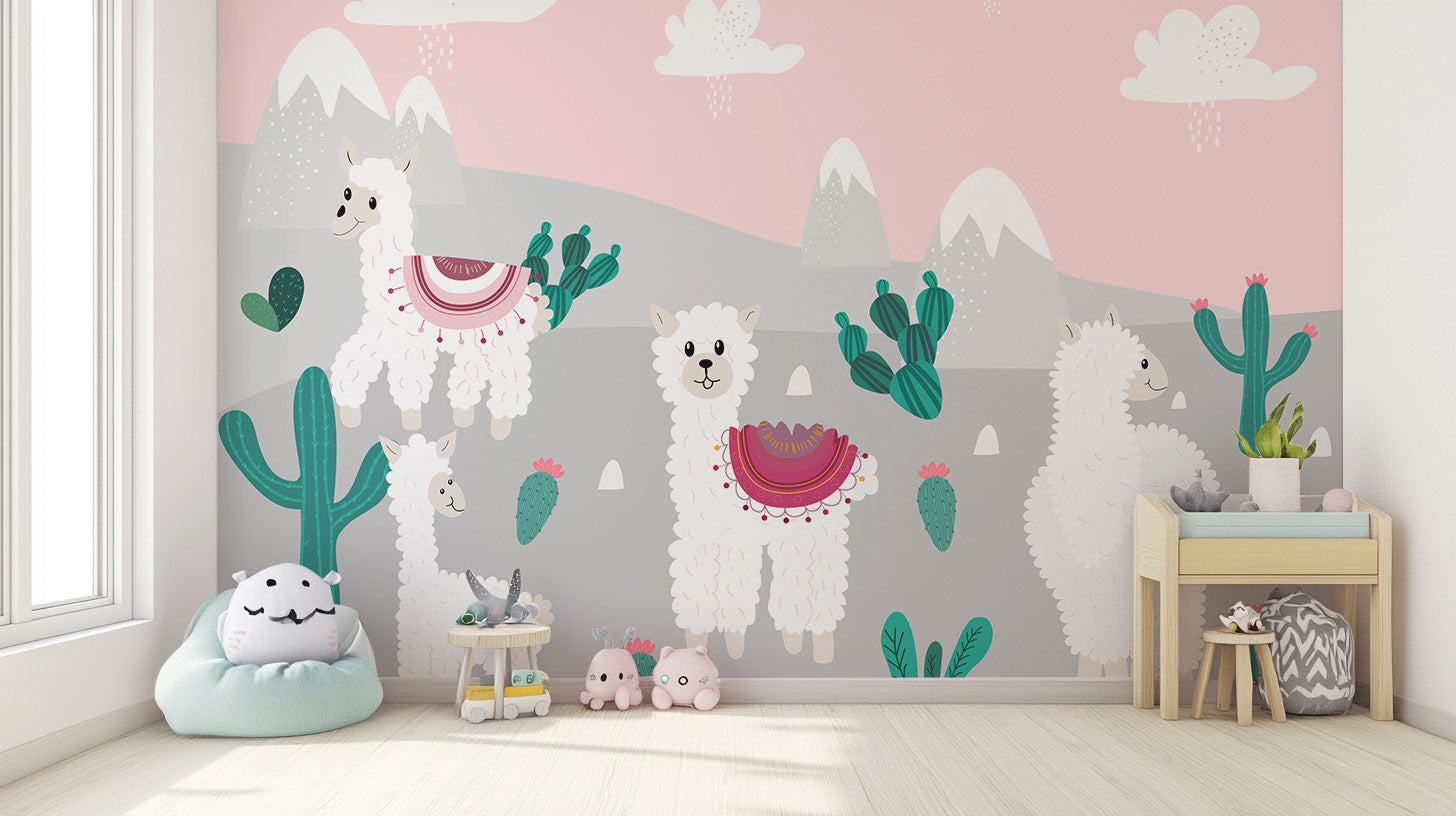 Llamas and mountain scene wallpaper mural for youthful spaces