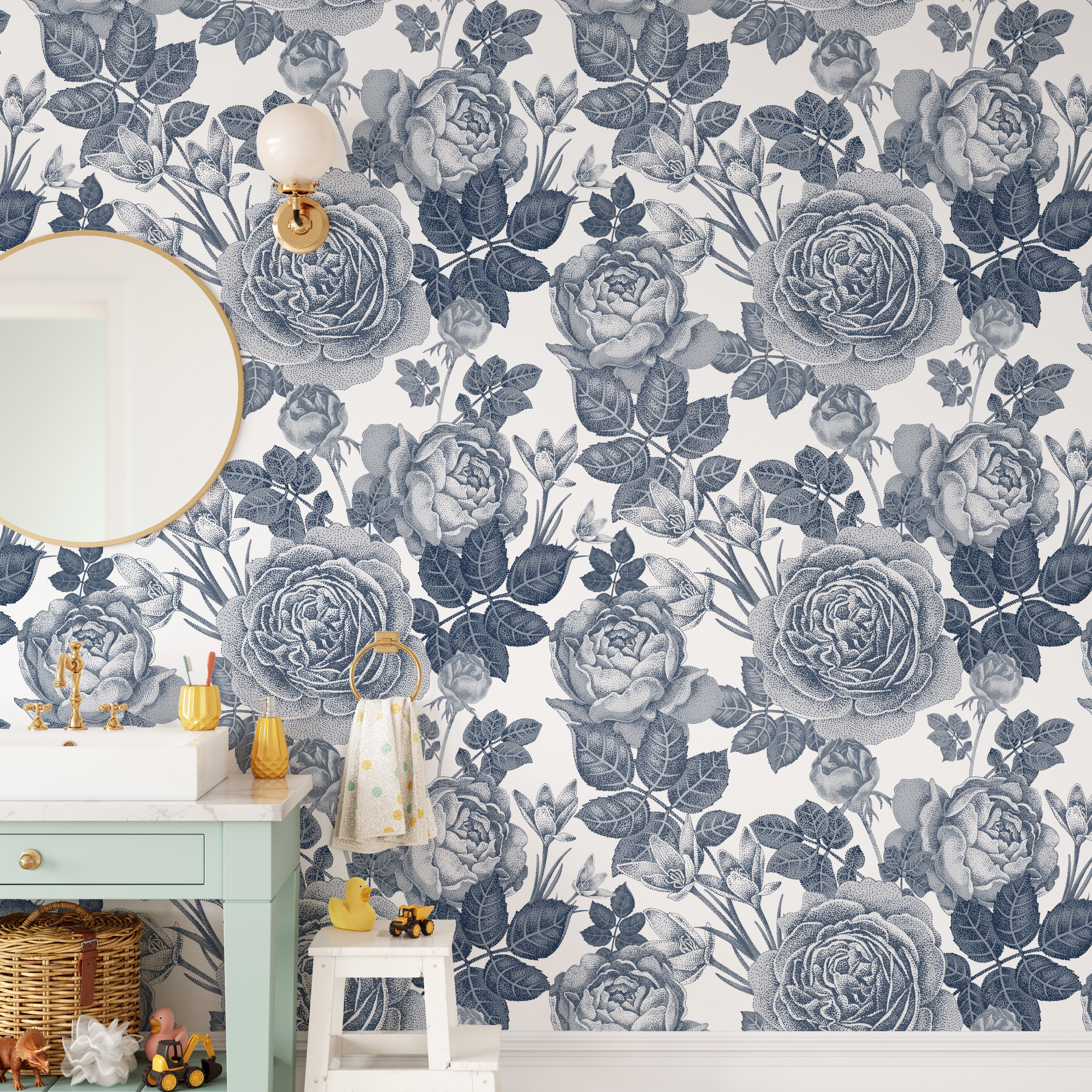 Tinted floral wallpaper mural in soft tones
