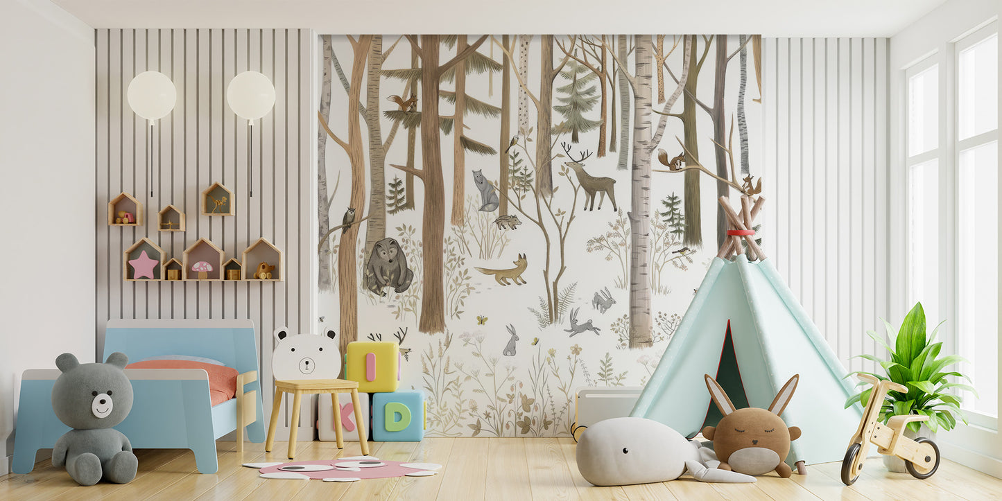 Nature-inspired woodland forest friends mural for kids