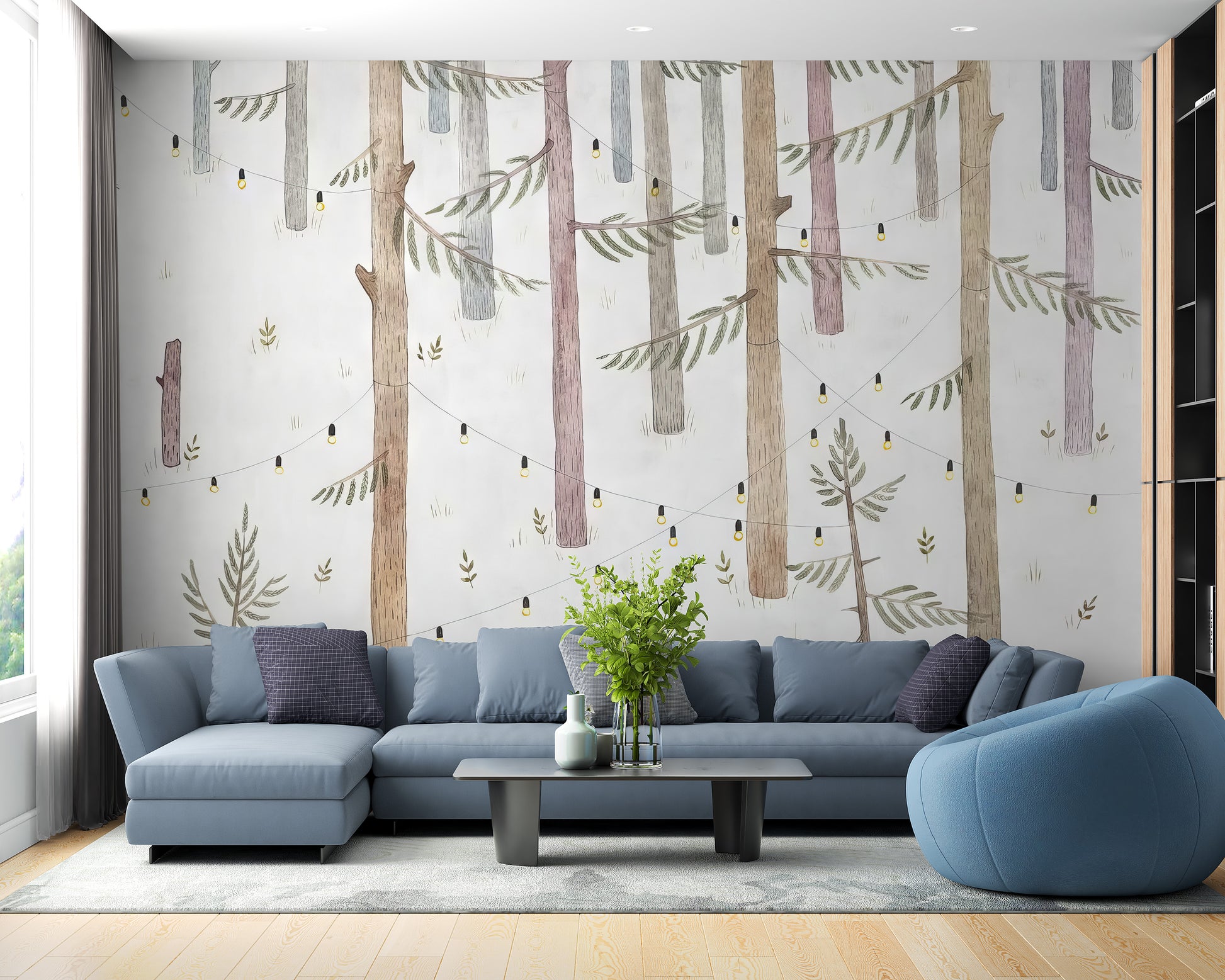 Temporary woodland lights wallpaper for serene rooms