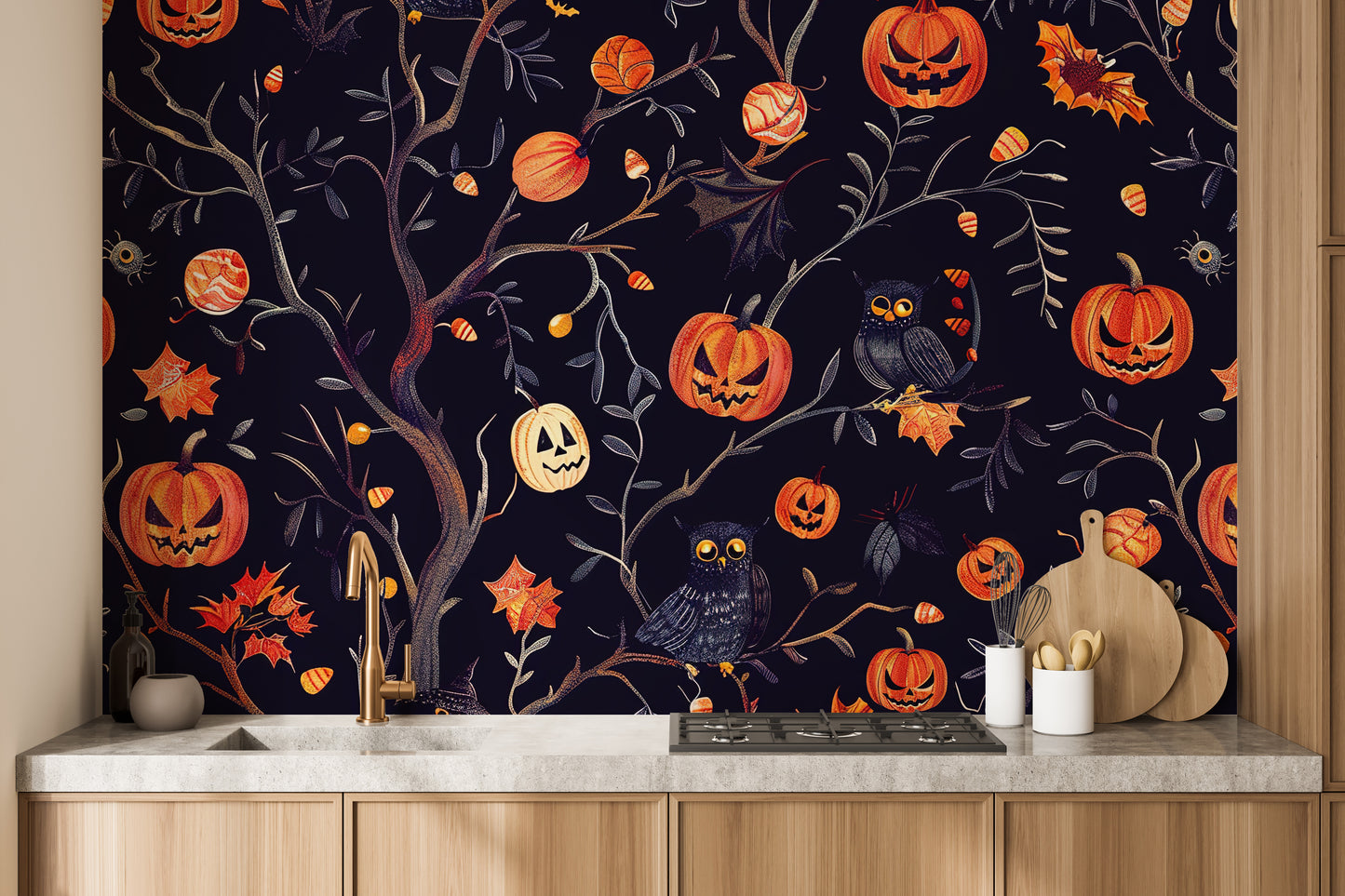 Halloween Pumpkins and Owls Wall Mural