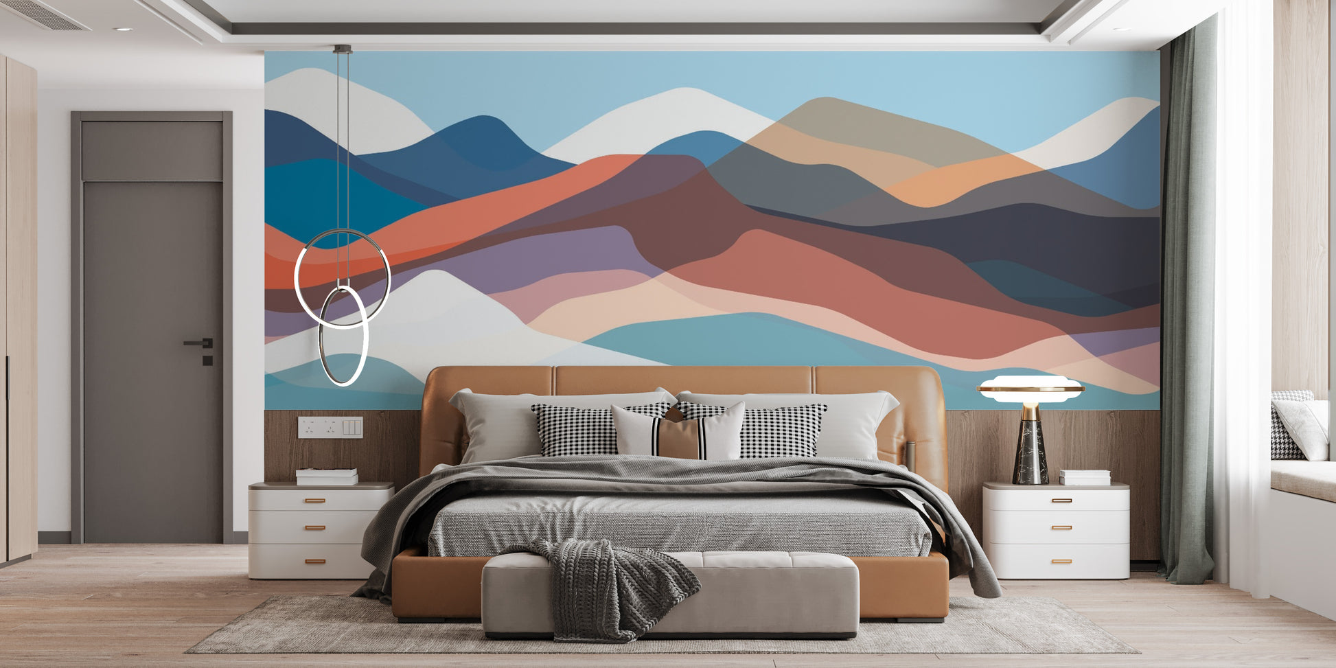 Colorful abstract mountain wallpaper featuring hues of blue, orange, and beige