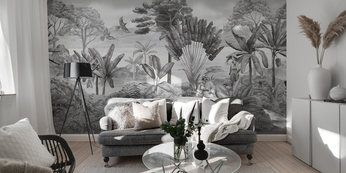 Dramatic monochrome lake scene in a wallpaper mural