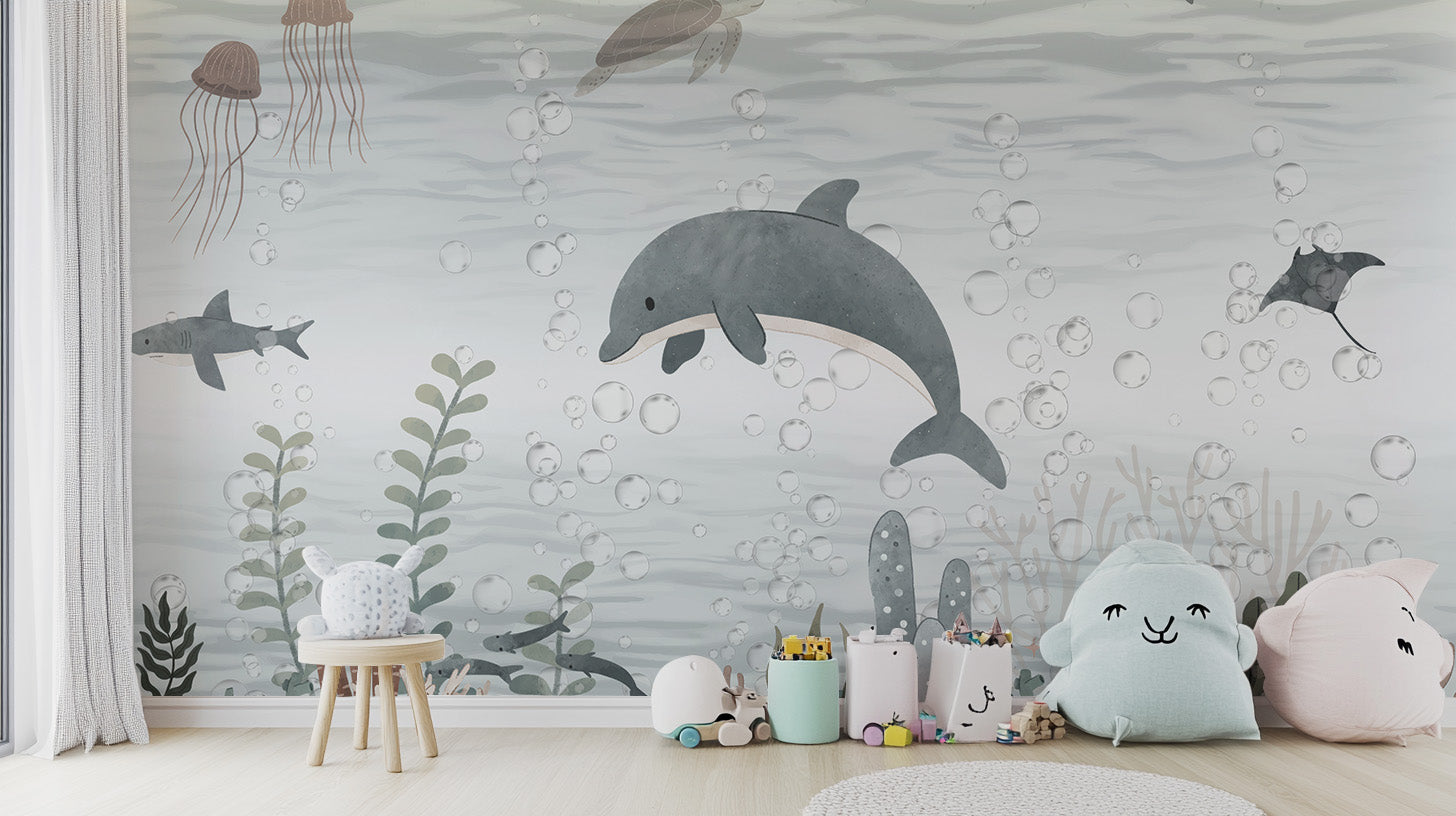 Artistic mural featuring playful dolphins in ocean waves