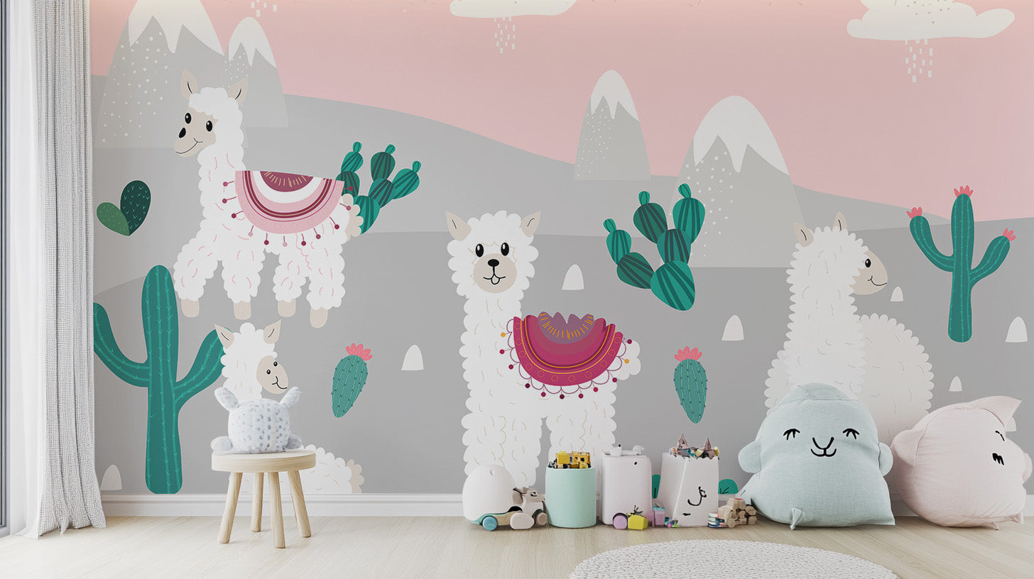 Cheerful mountain llamas mural for kids' adventurous rooms