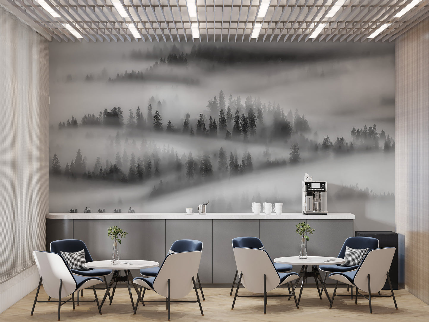 Room wallpaper featuring a monochrome forest design