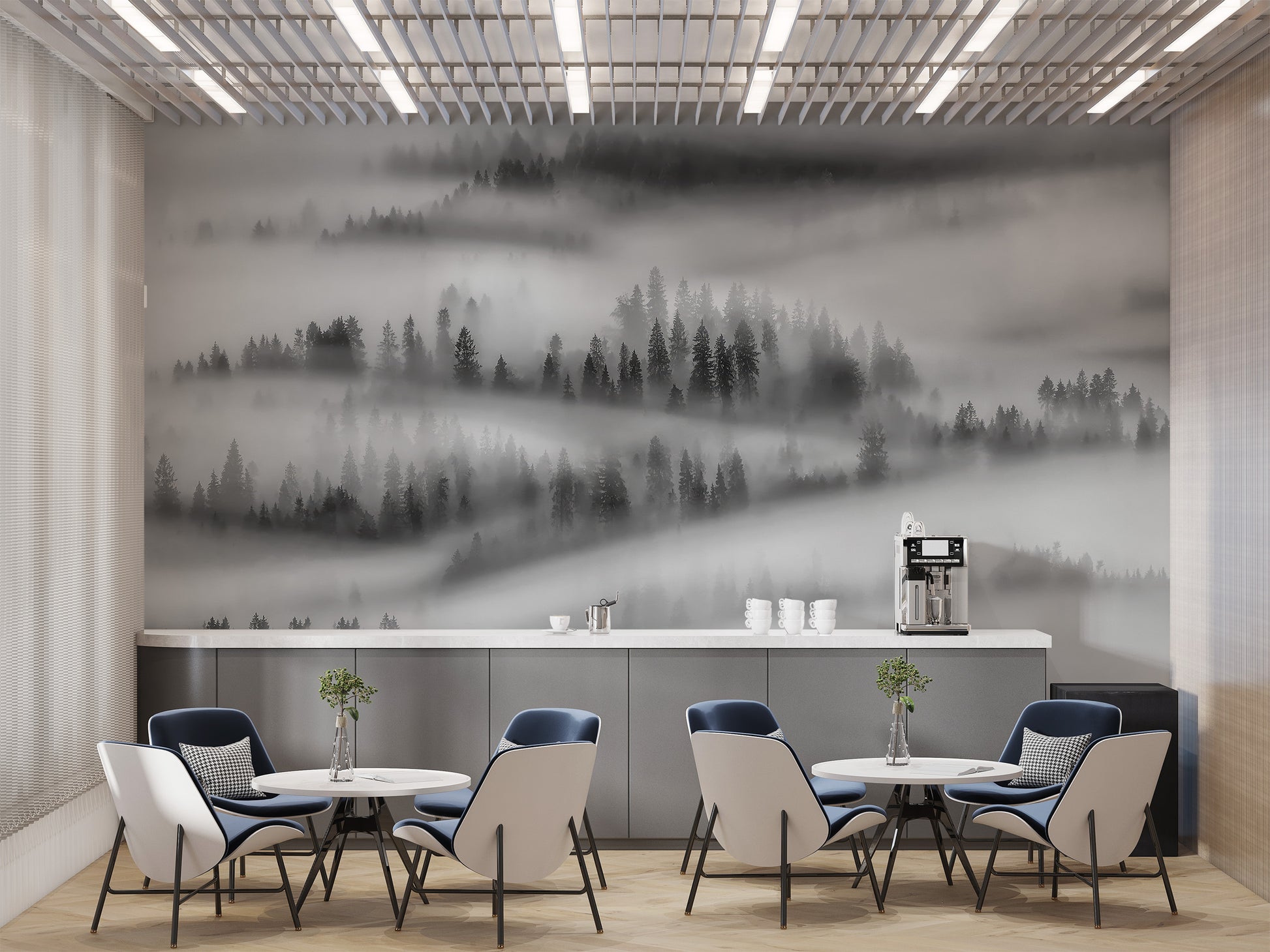 Room wallpaper featuring a monochrome forest design