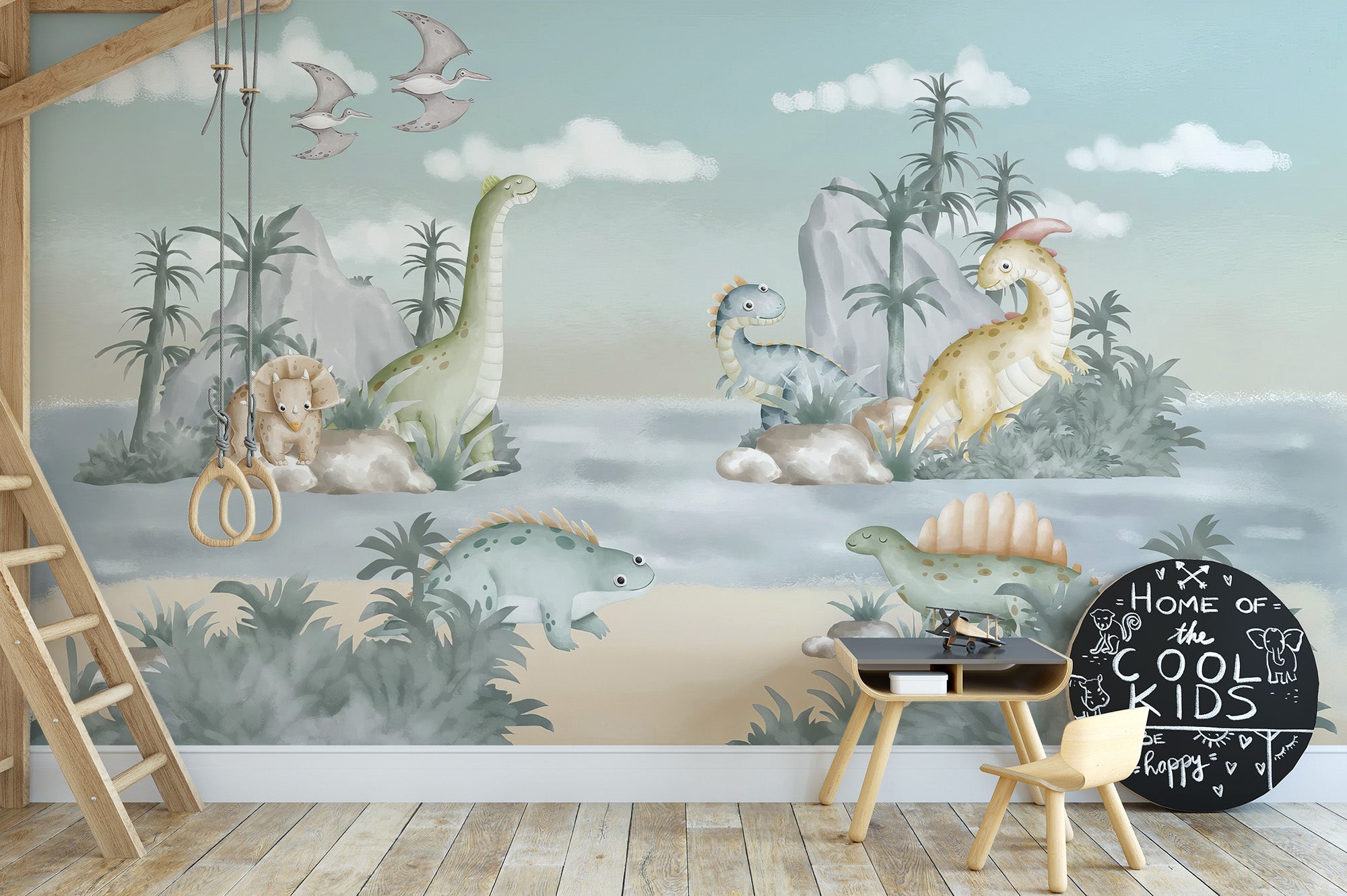 Playful hills mural showcasing dinosaurs in a kid-friendly style
