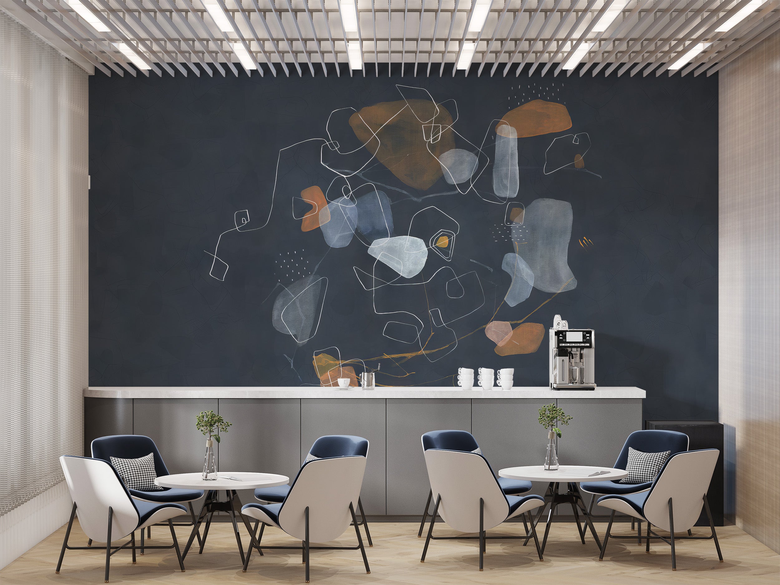 Self-adhesive blue abstract art mural for contemporary rooms