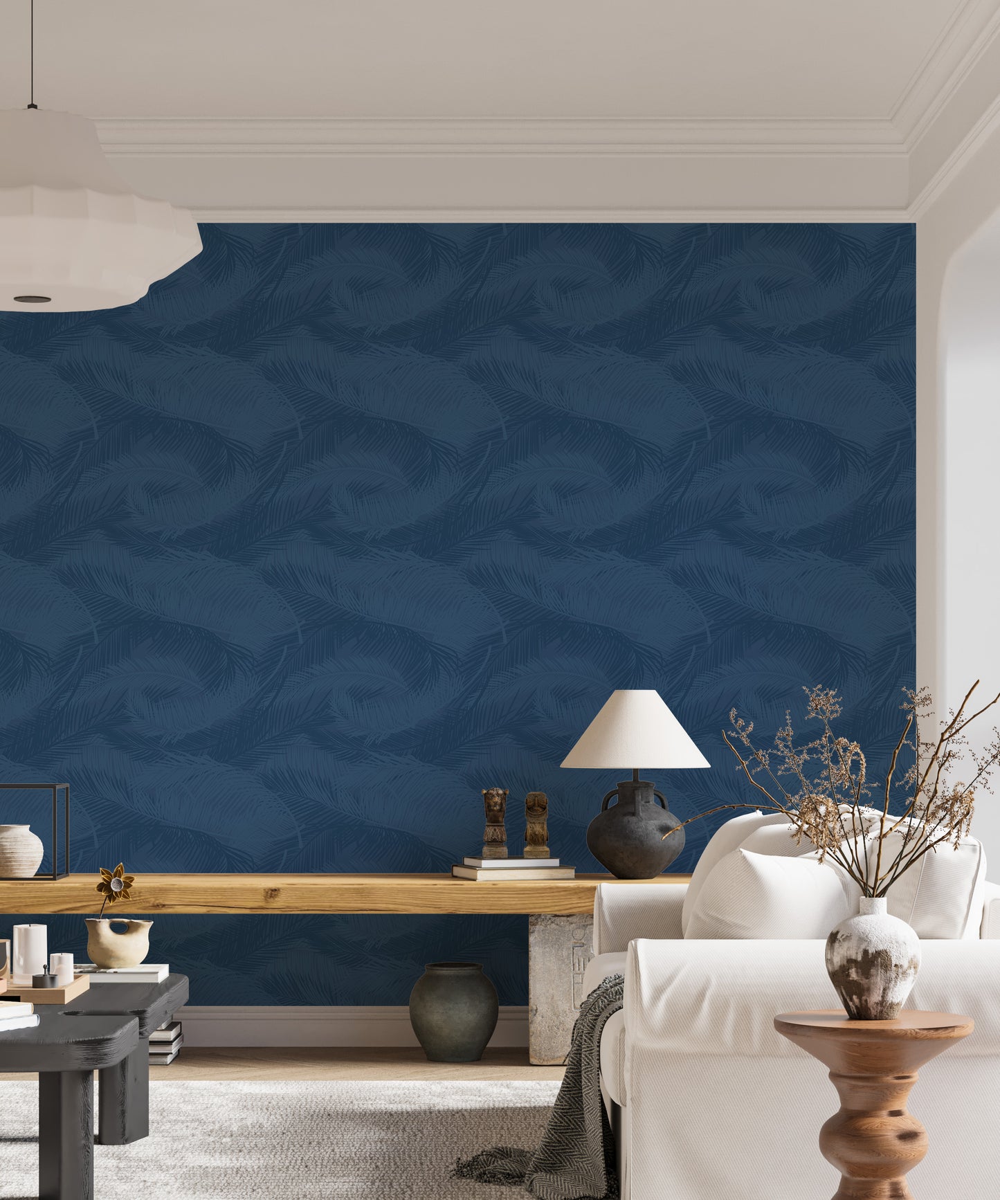 Blue Color Palm Leaves Silhouette Removable Wallpaper