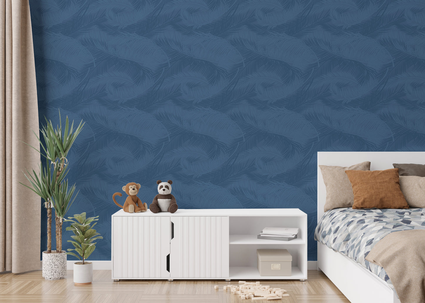 Blue Color Palm Leaves Silhouette Removable Wallpaper