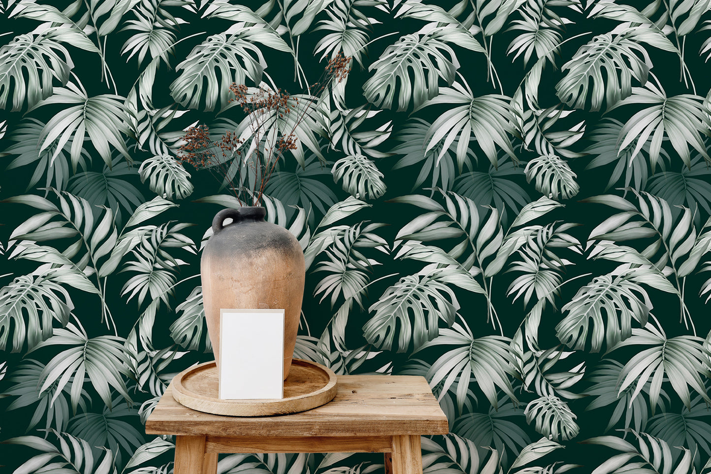 Exotic Jungle Tropical Green Leaves Repeat Wallpaper