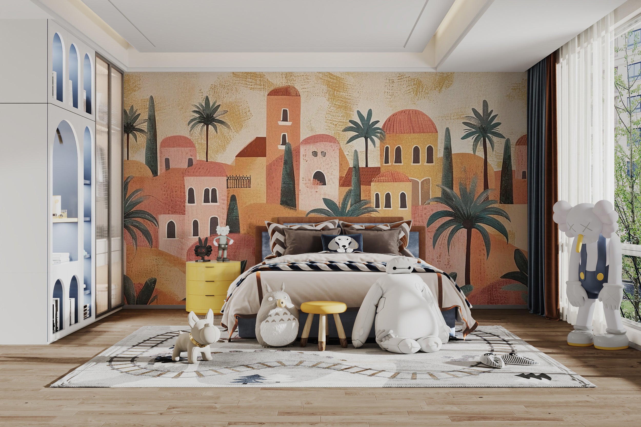 Vibrant desert village mural with an oasis and greenery.
