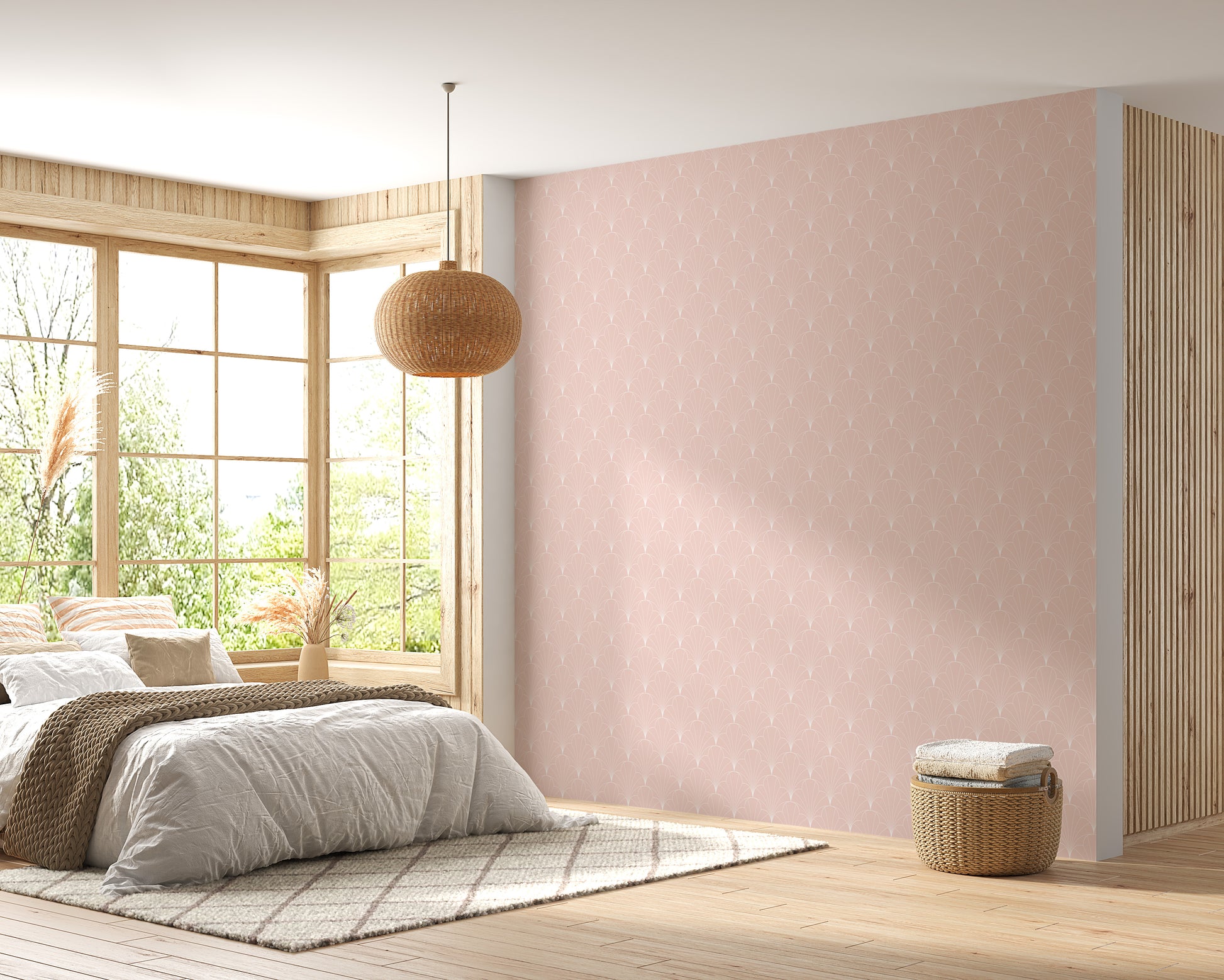 Art deco splendor mural in soft pink hues
