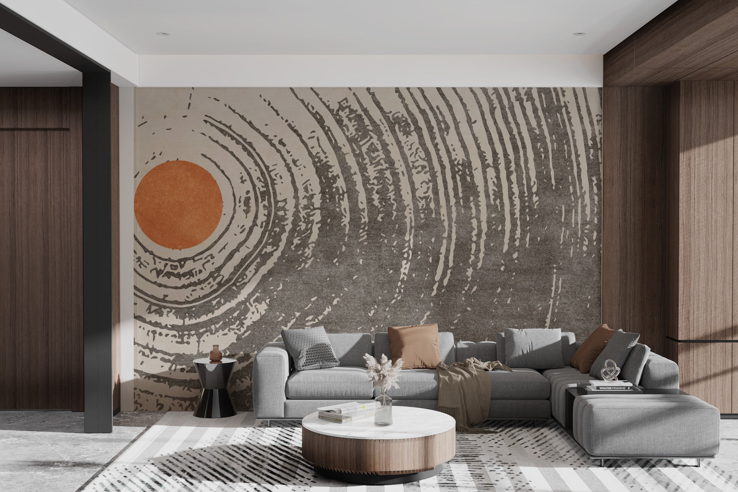 Abstract mural featuring a sun-centered focal point