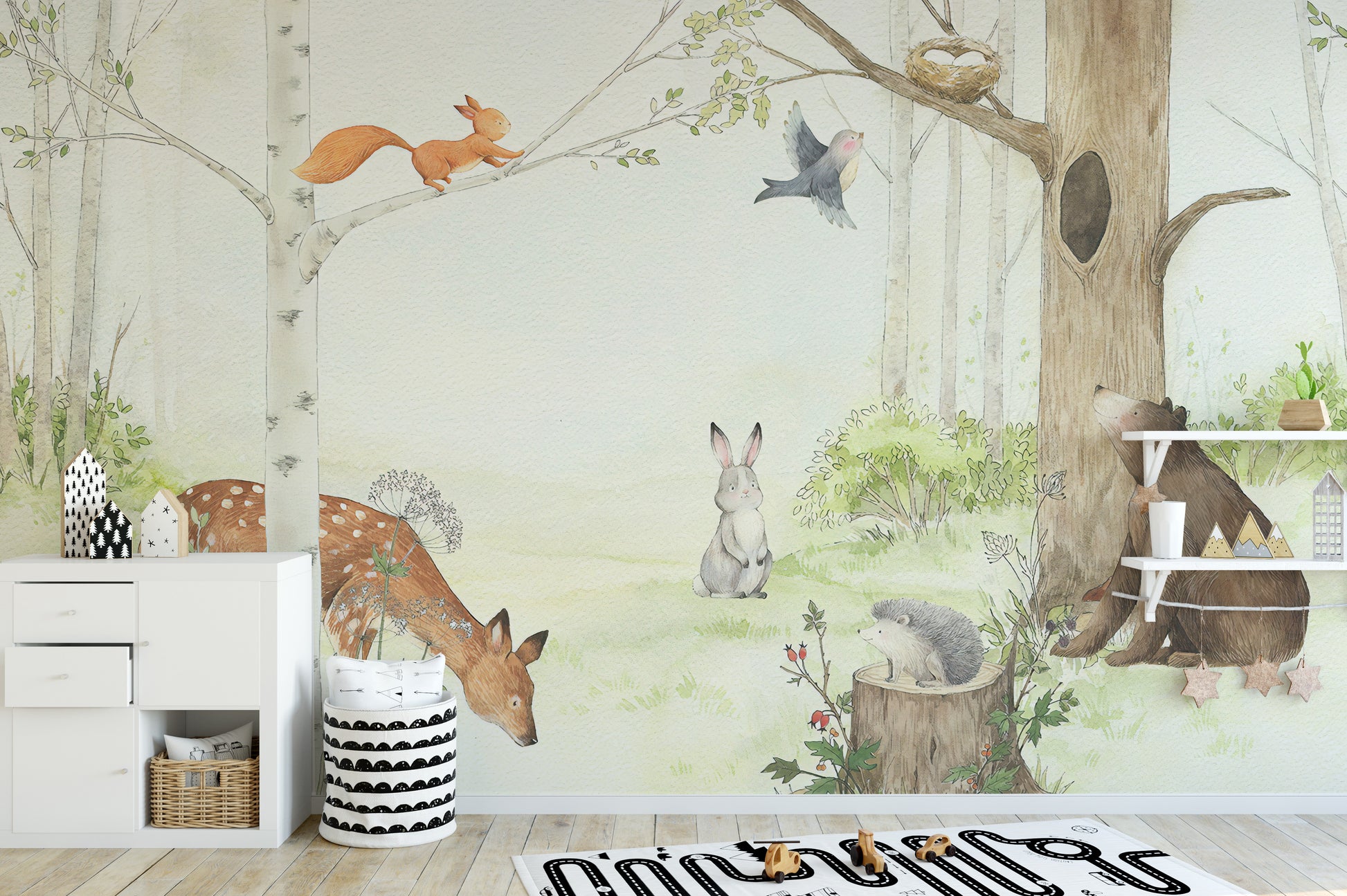 Cute forest animal mural with soft colors