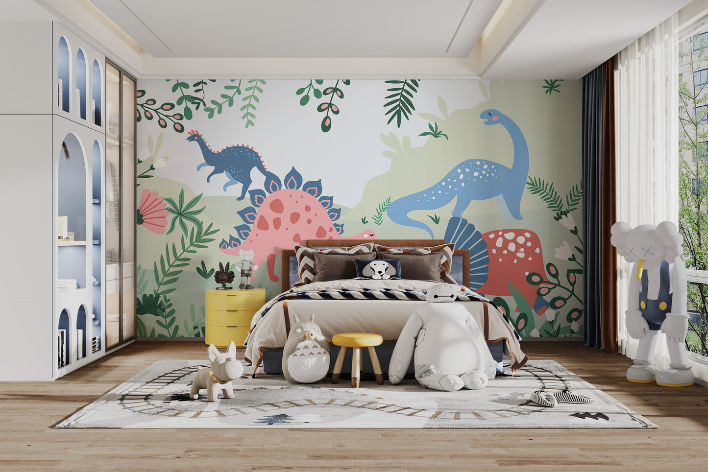 Prehistoric dinosaur mural inspired by Jurassic Park movie.
