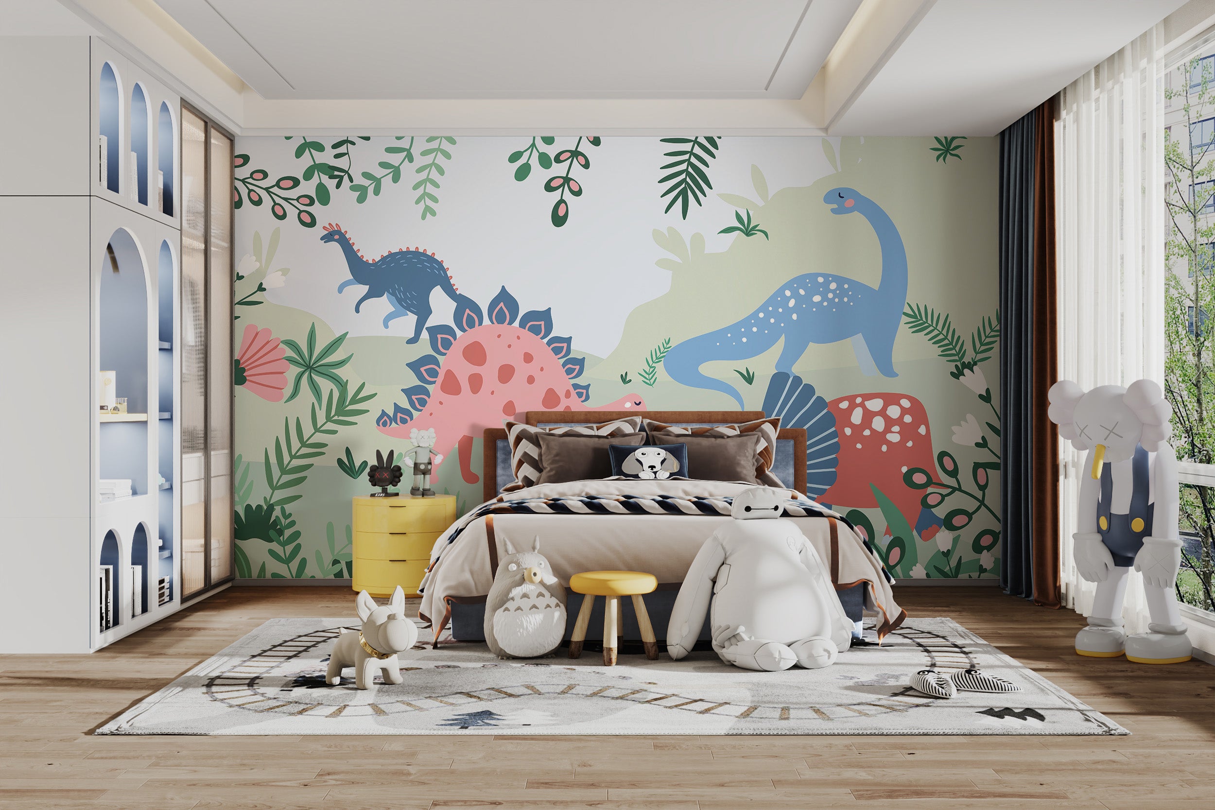 Prehistoric dinosaur mural inspired by Jurassic Park movie.
