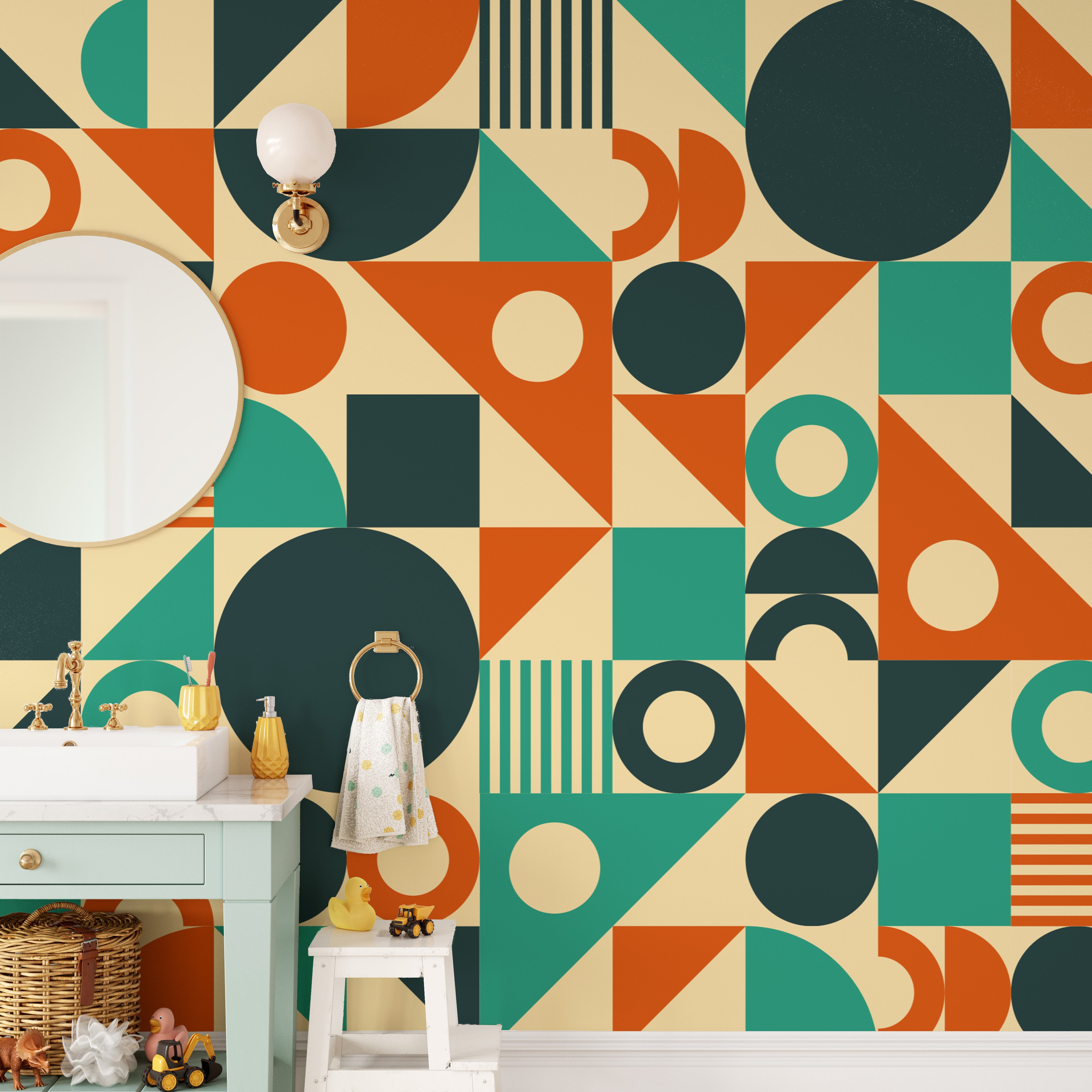 Wallpaper mural in retro orange green hues
