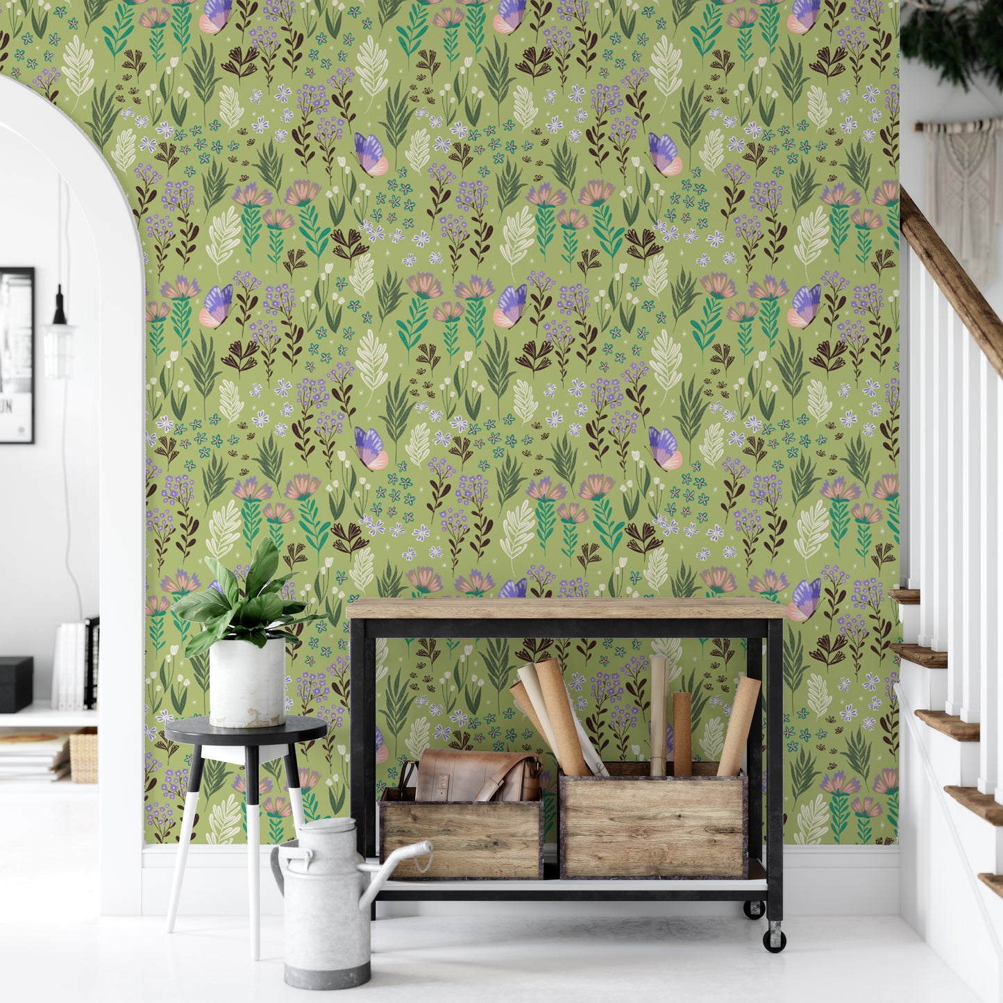 Lush green wallpaper with delicate butterfly accents
